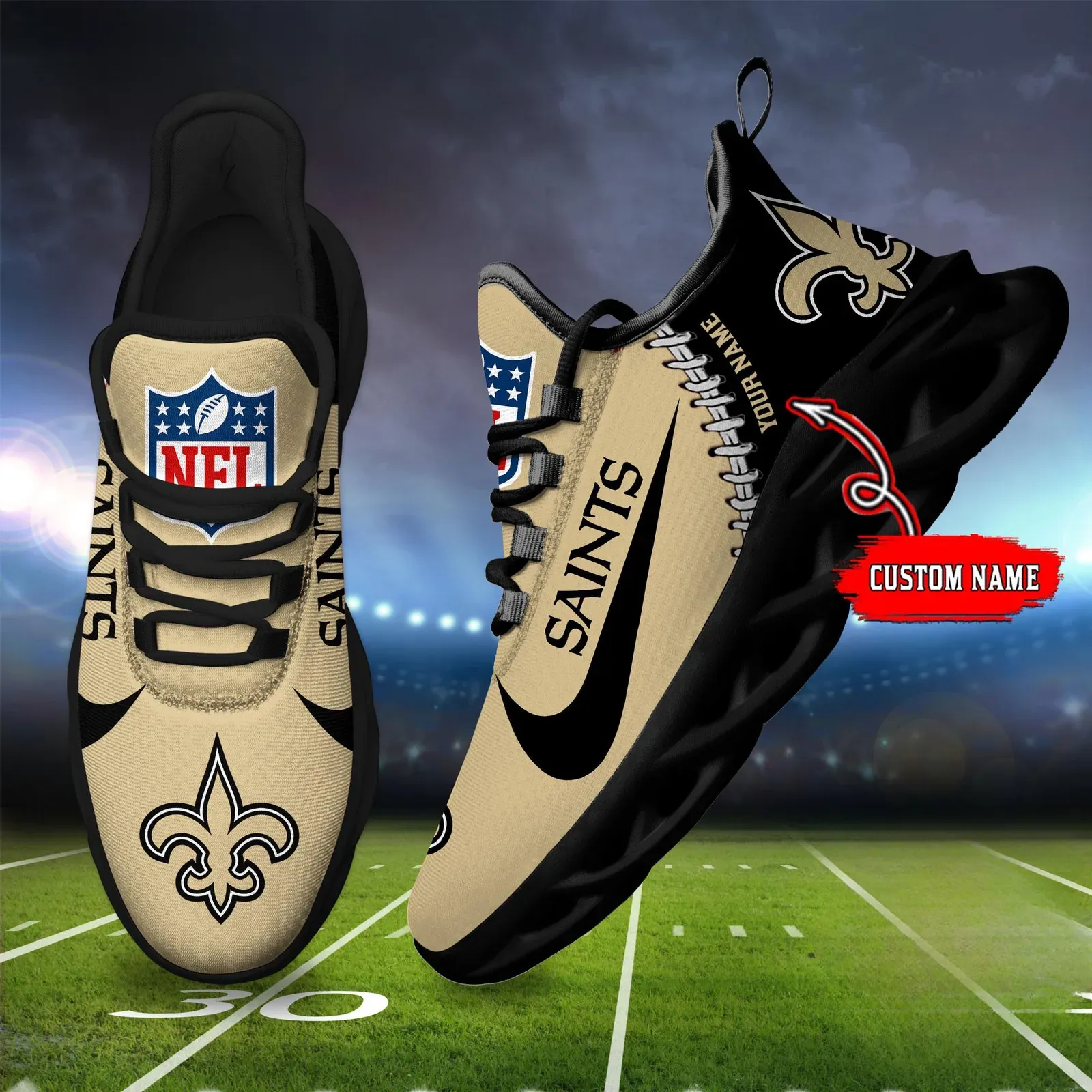 NFL New Orleans Saints Football New Season Sneaker Max Soul Shoes, Custom Name Lace-Up Trainers, Who Dat Nation Personalized Gift