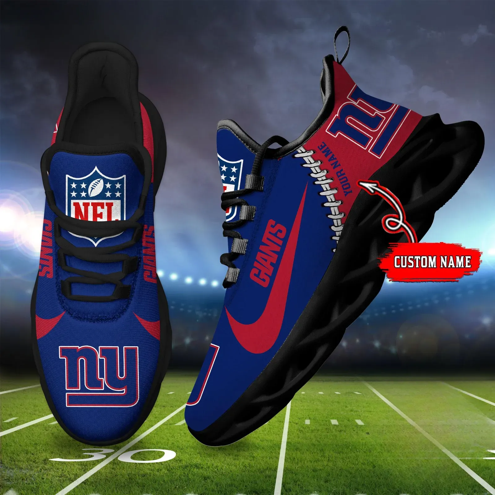 NFL New York Giants Football New Season Sneaker Max Soul Shoes, Personalized Name Mesh Trainers, Big Blue Game Day Gift for Him or Her