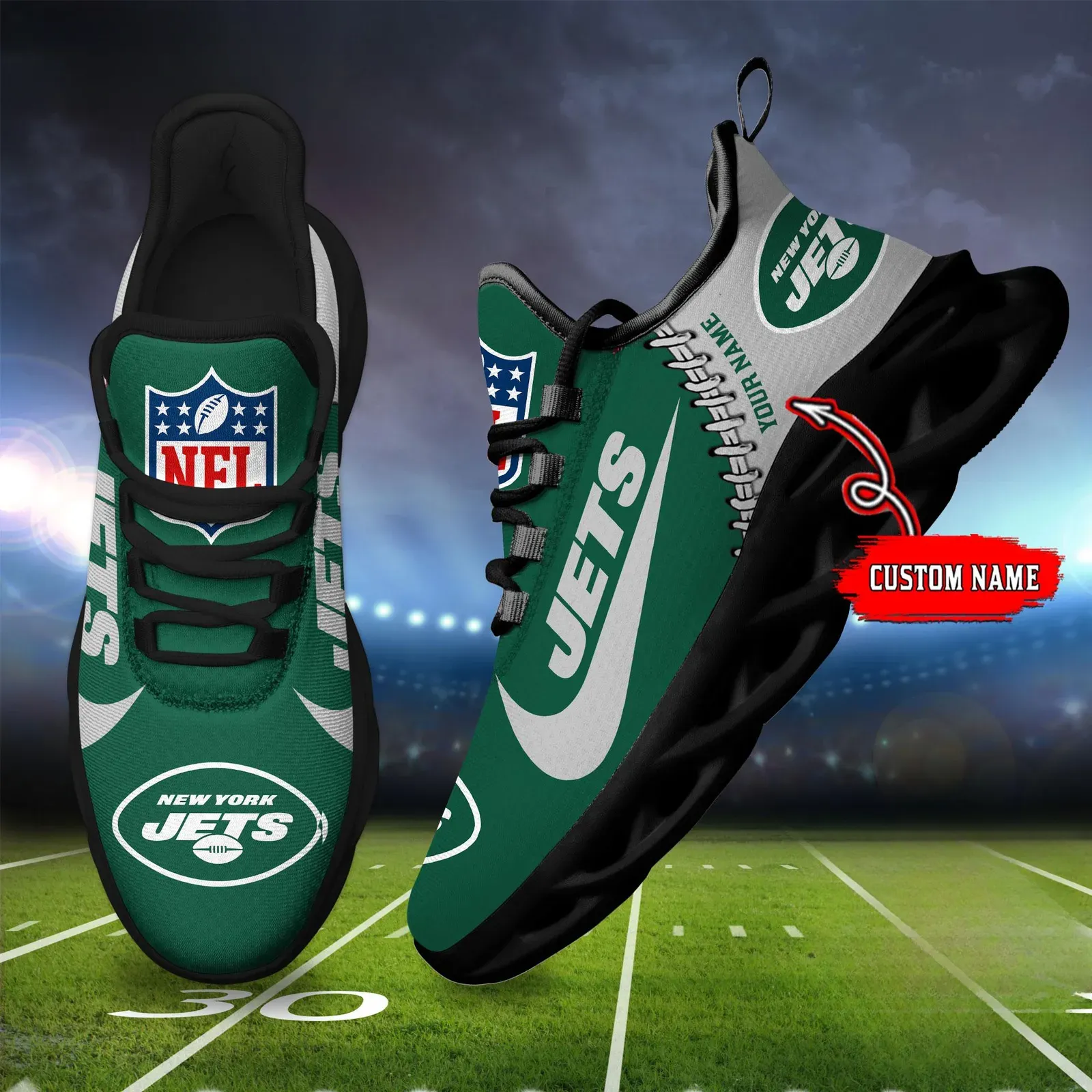 NFL New York Jets Football New Season Sneaker Max Soul Shoes, Custom Name Walking Trainers, Personalized Gift for Gang Green Supporters