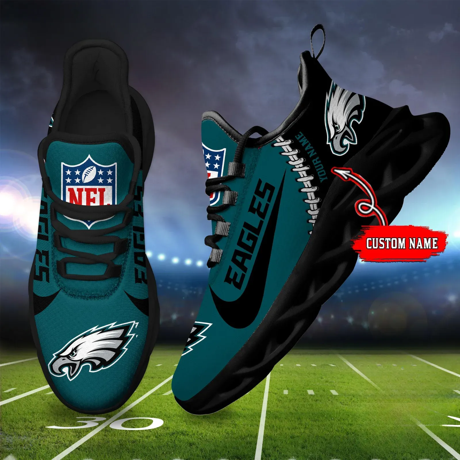 Personalized NFL Philadelphia Eagles Max Soul Shoes, Custom Name Football Fan Running Shoes, New Season Game Day Sneakers