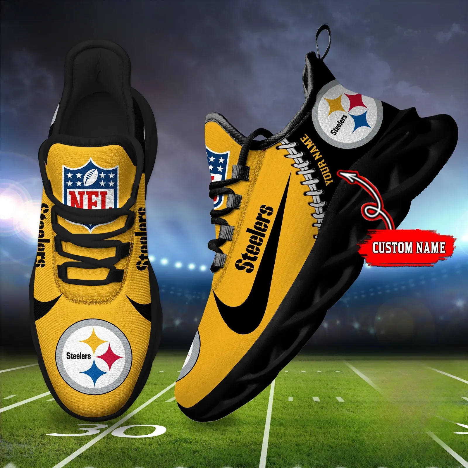 NFL Pittsburgh Steelers Custom Name Max Soul Shoes, Personalized Gold and Black Football Season Sneakers, Steelers Fan Gift Shoes