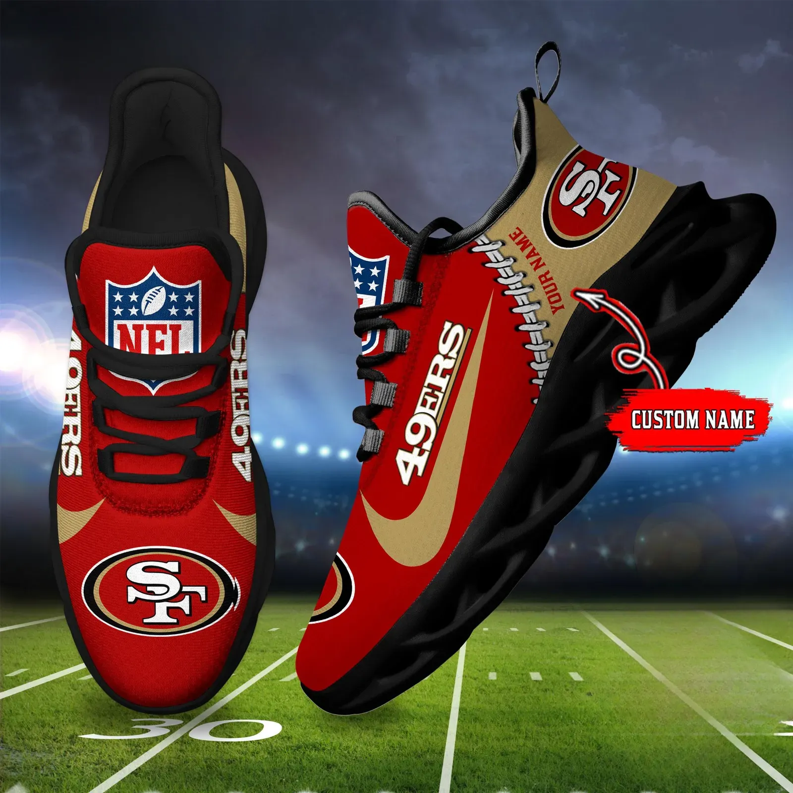 NFL San Francisco 49ers Football New Season Sneaker Max Soul Shoes, Personalized Name Lace-Up Trainers, Faithful Fan Gift for Dad or Mom