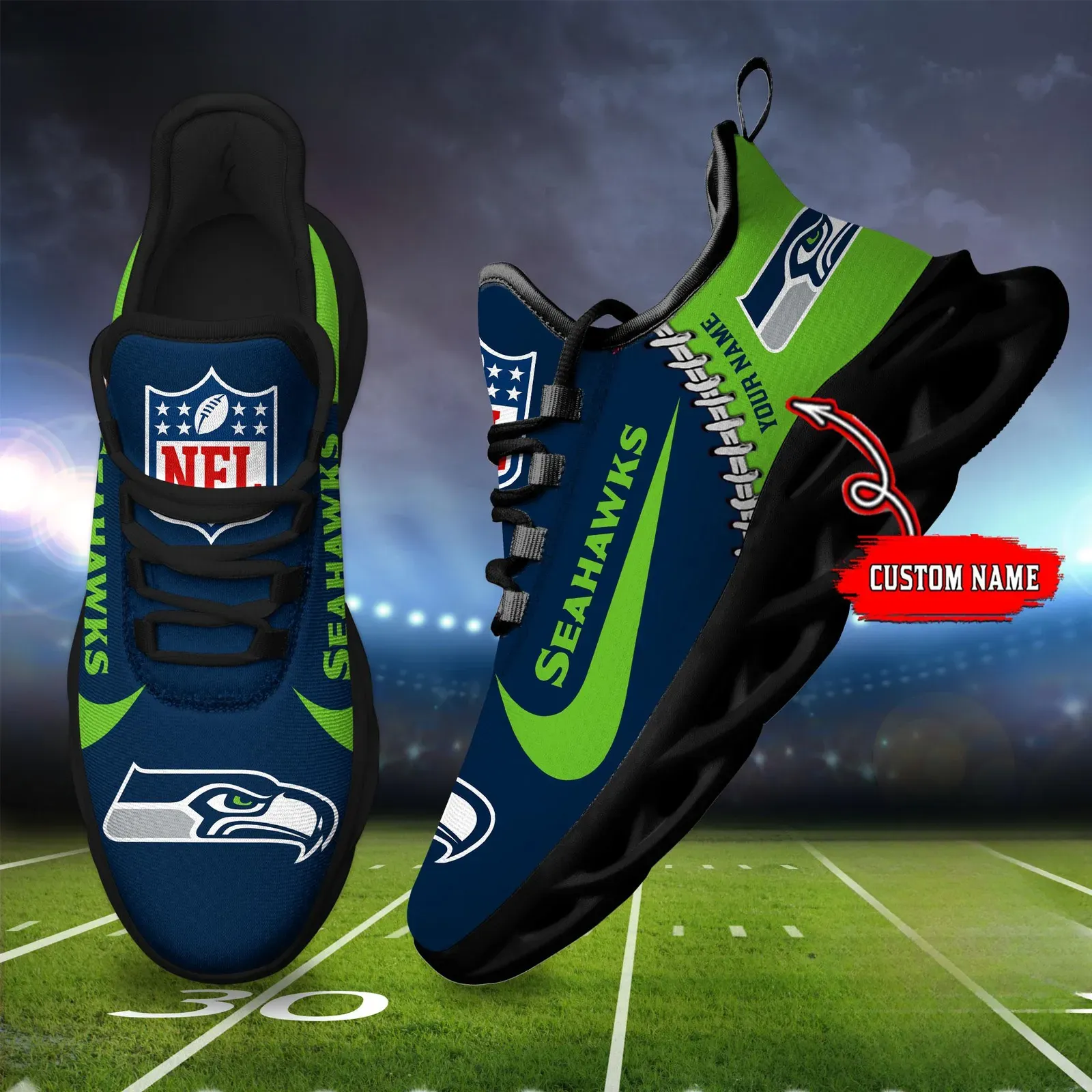 NFL Seattle Seahawks Football New Season Sneaker Max Soul Shoes, Custom Name Athletic Trainers, Personalized Gift for 12th Man Supporters