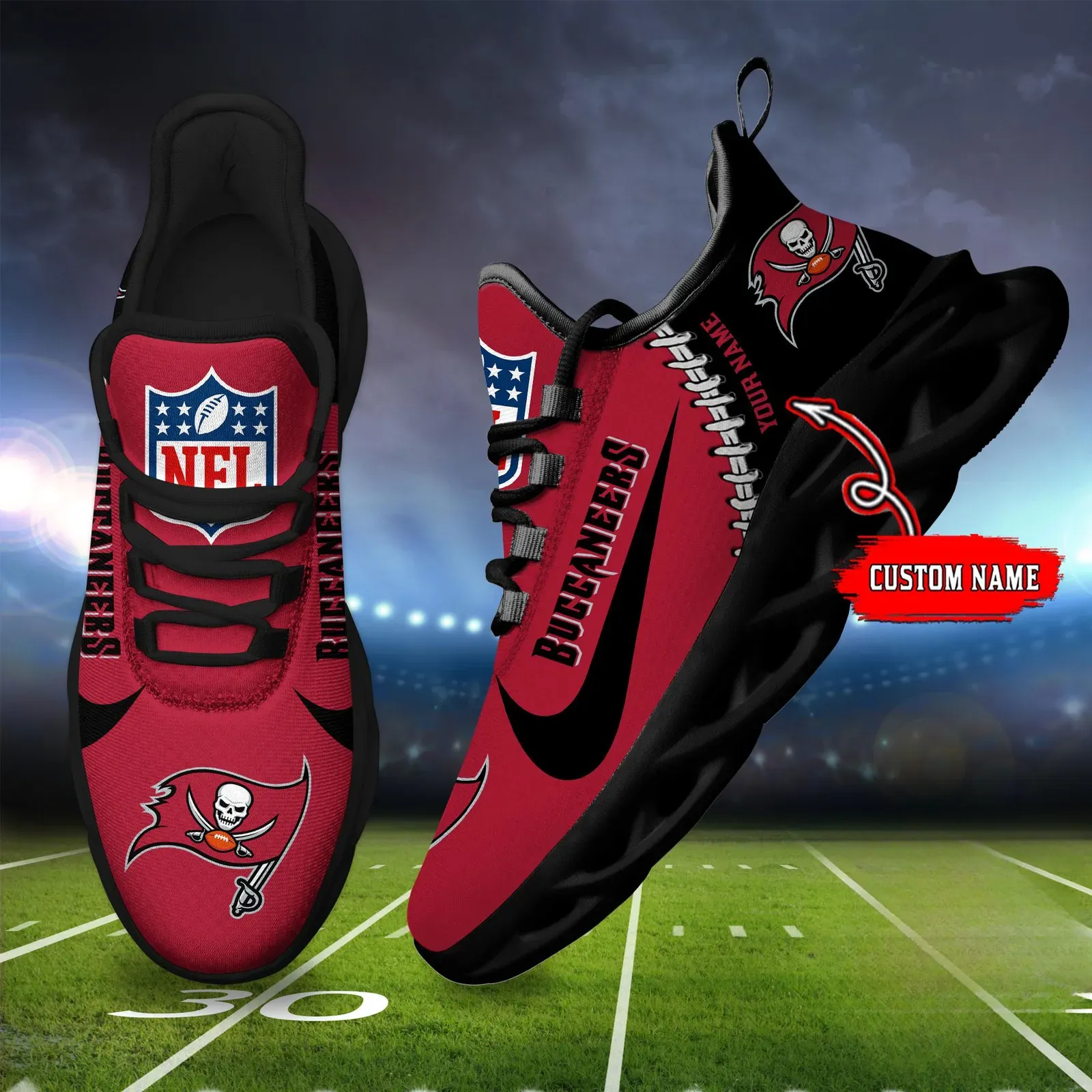 NFL Tampa Bay Buccaneers Football New Season Sneaker Max Soul Shoes, Personalized Name Mesh Trainers, Tailgate Gift for Him or Her