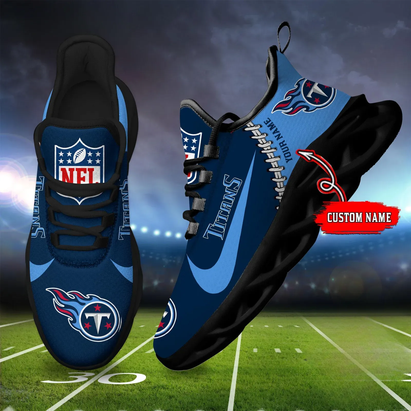 NFL Tennessee Titans Football New Season Sneaker Max Soul Shoes, Custom Name Lace-Up Trainers, Personalized Game Day Gift for Men and Women