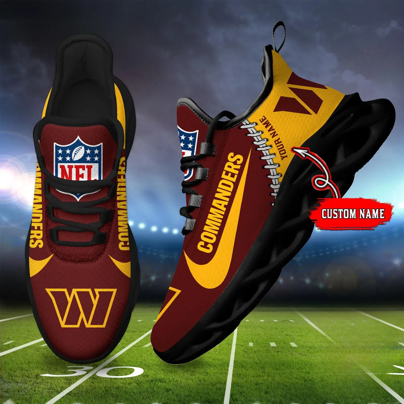 Personalized NFL Washington Commanders Max Soul Shoes, Custom Name Football Fan Running Shoes, New Season Game Day Sneakers