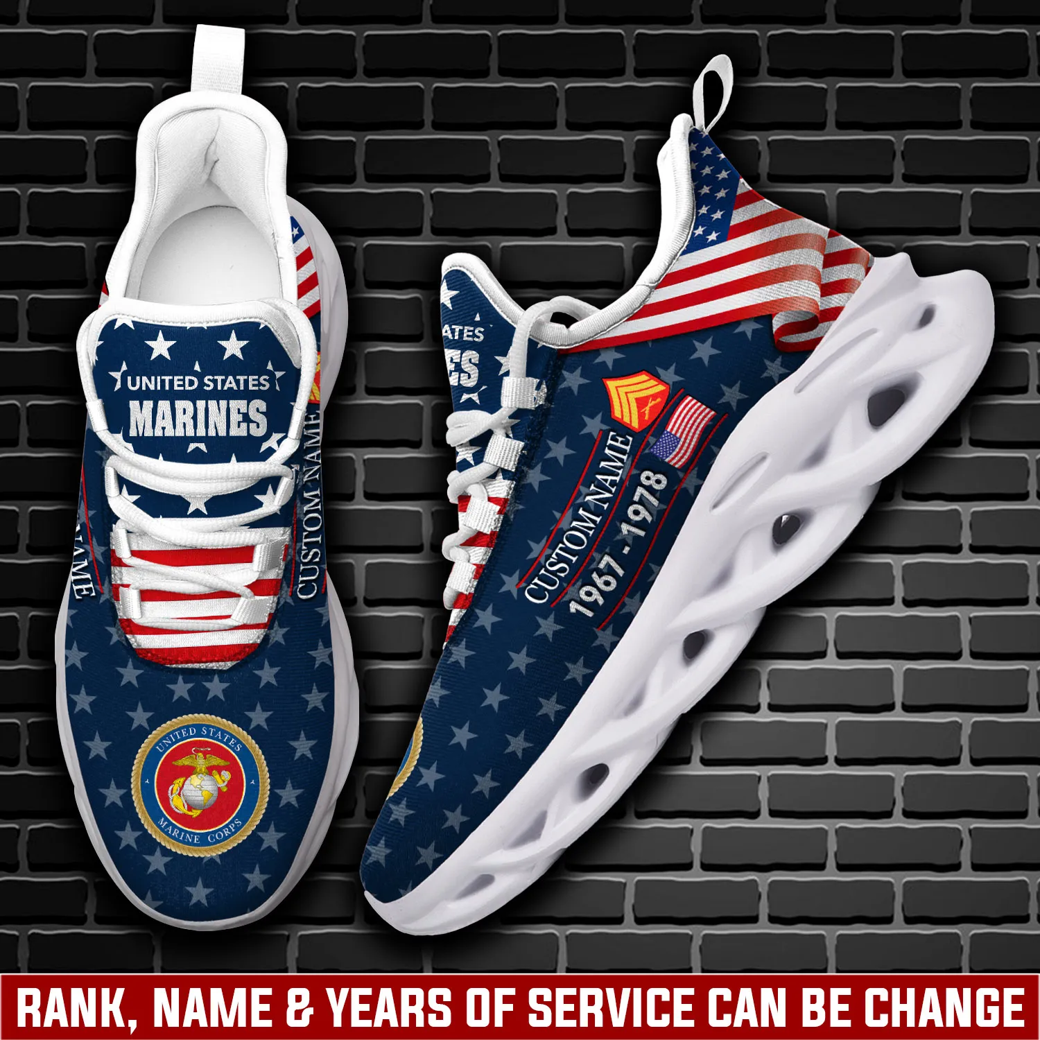 US Marine Corps E-2 Marines Private First Class Max Soul Shoes, Personalized Rank, Name and Years, Veteran Sneakers, USMC Gift