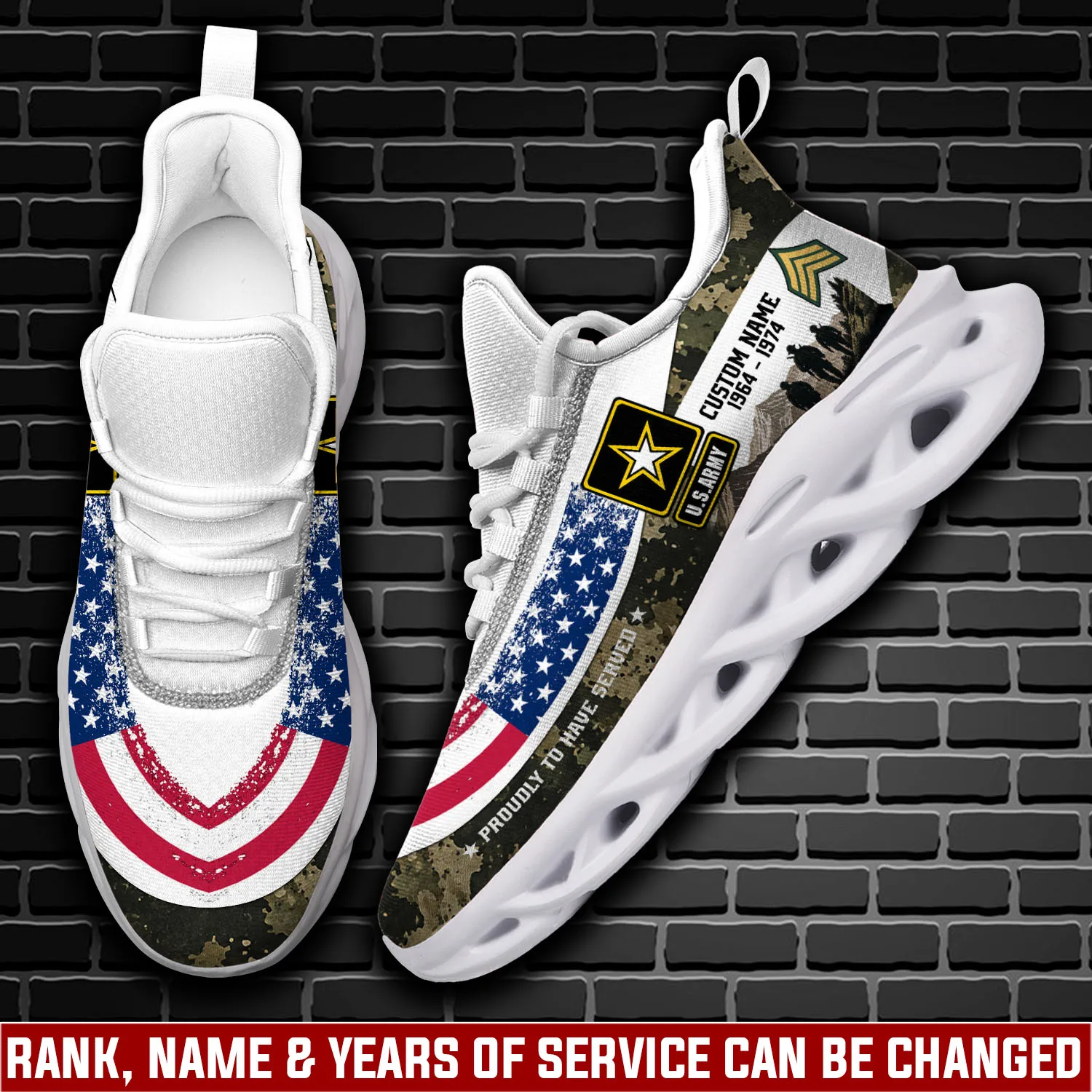 US Army E-7 Army Master Specialist Personalized Max Soul Shoes, Custom Name and Years of Service, American Flag Veteran Sneakers
