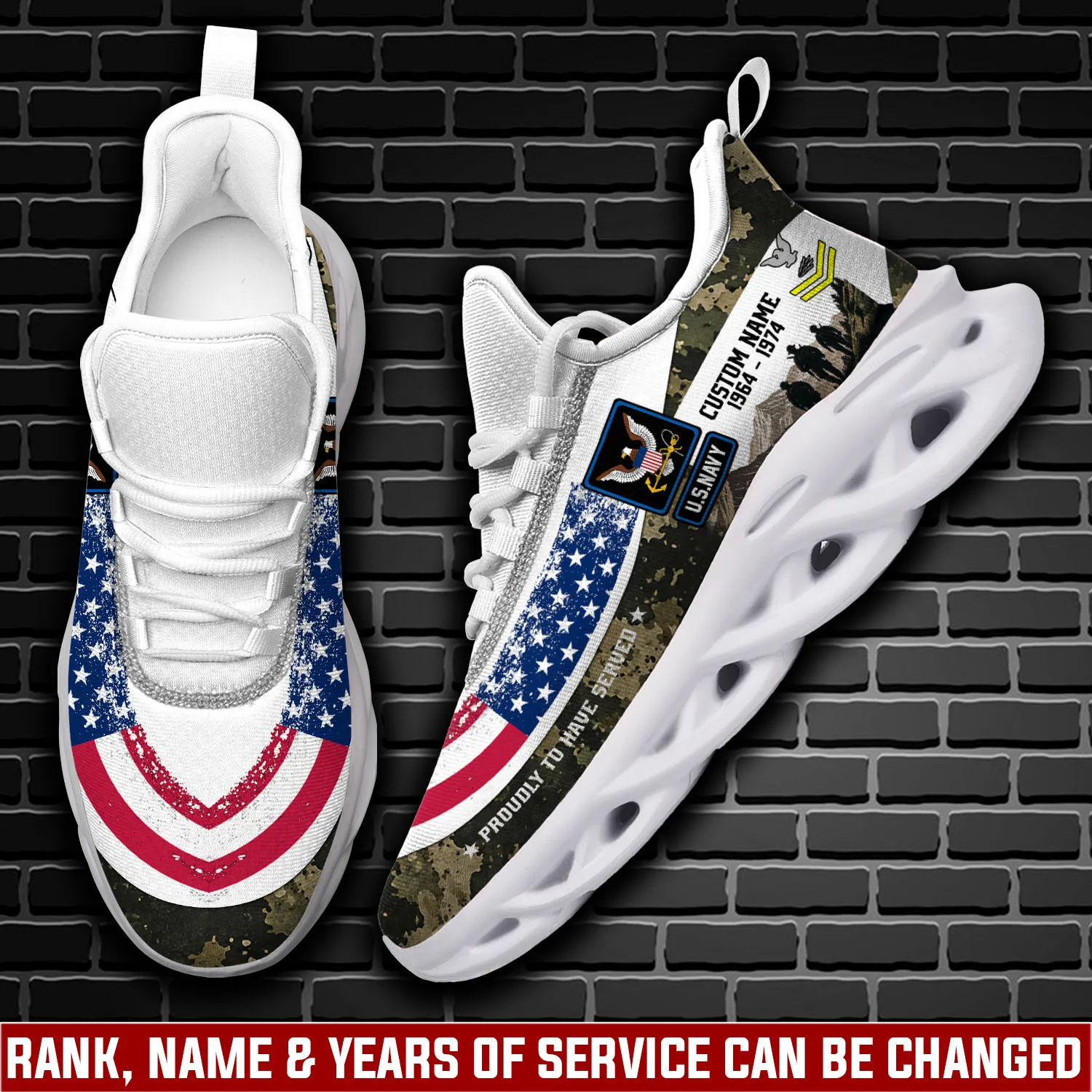 US Navy Anchors Aweigh Personalized Max Soul Shoes, Custom Name, Rating, Rank and Years of Service, American Flag Veteran Sneakers