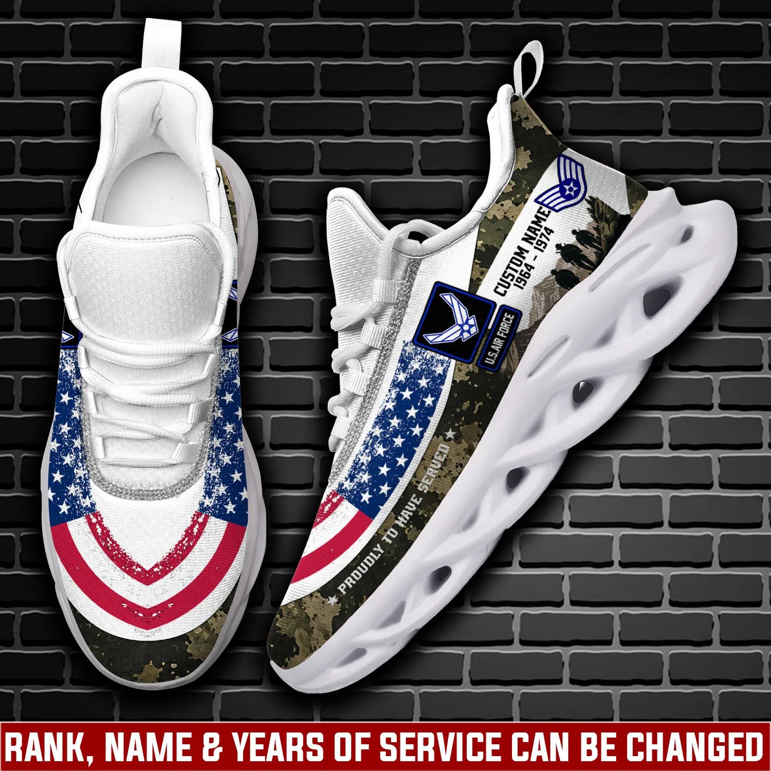 US Air Force Honor, Duty, Service Personalized Max Soul Shoes, Custom Name, Rank and Years, Patriotic Flag Sneakers for Airmen