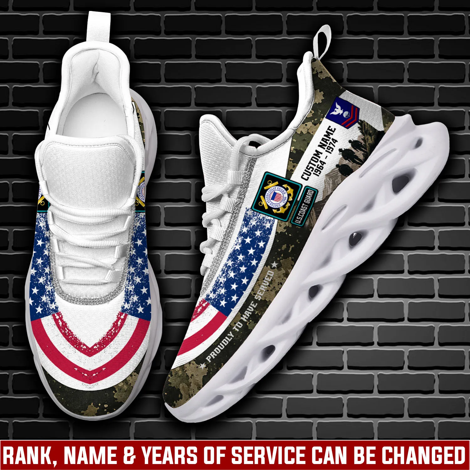 US Coast Guard Lest We Forget Personalized Max Soul Shoes, Custom Name, Rating, Rank and Years of Service, Veteran Flag Sneakers