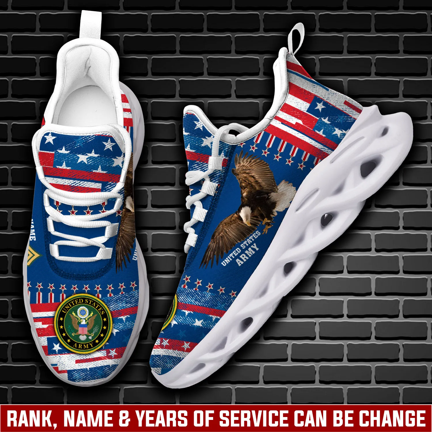 US Army Served With Pride Max Soul Shoes, Personalized Rank, Name and Years Bald Eagle Sneakers, Veteran Gift for Grandpa