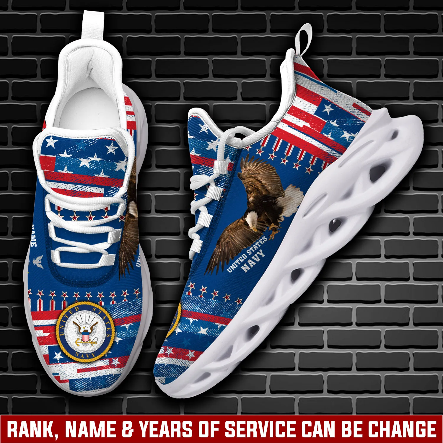 US Navy Land Of The Free, Because Of The Brave Max Soul Shoes, Personalized Rating, Rank and Name Bald Eagle Sneakers, Sailor Retirement Gift