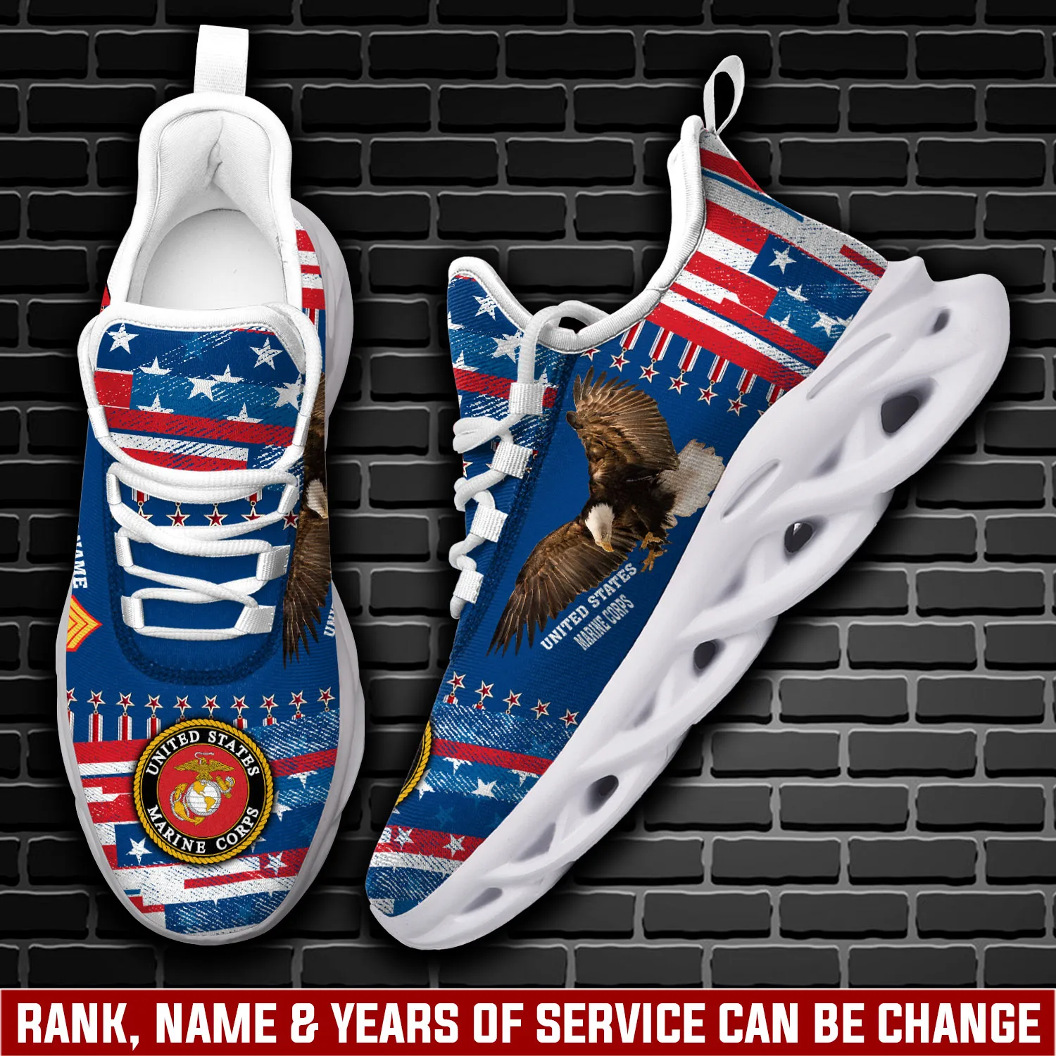US Marine Corps Defender of Freedom Personalized Max Soul Shoes, Custom Name Rank Eagle and Flag Veteran Sneakers, USMC Gift
