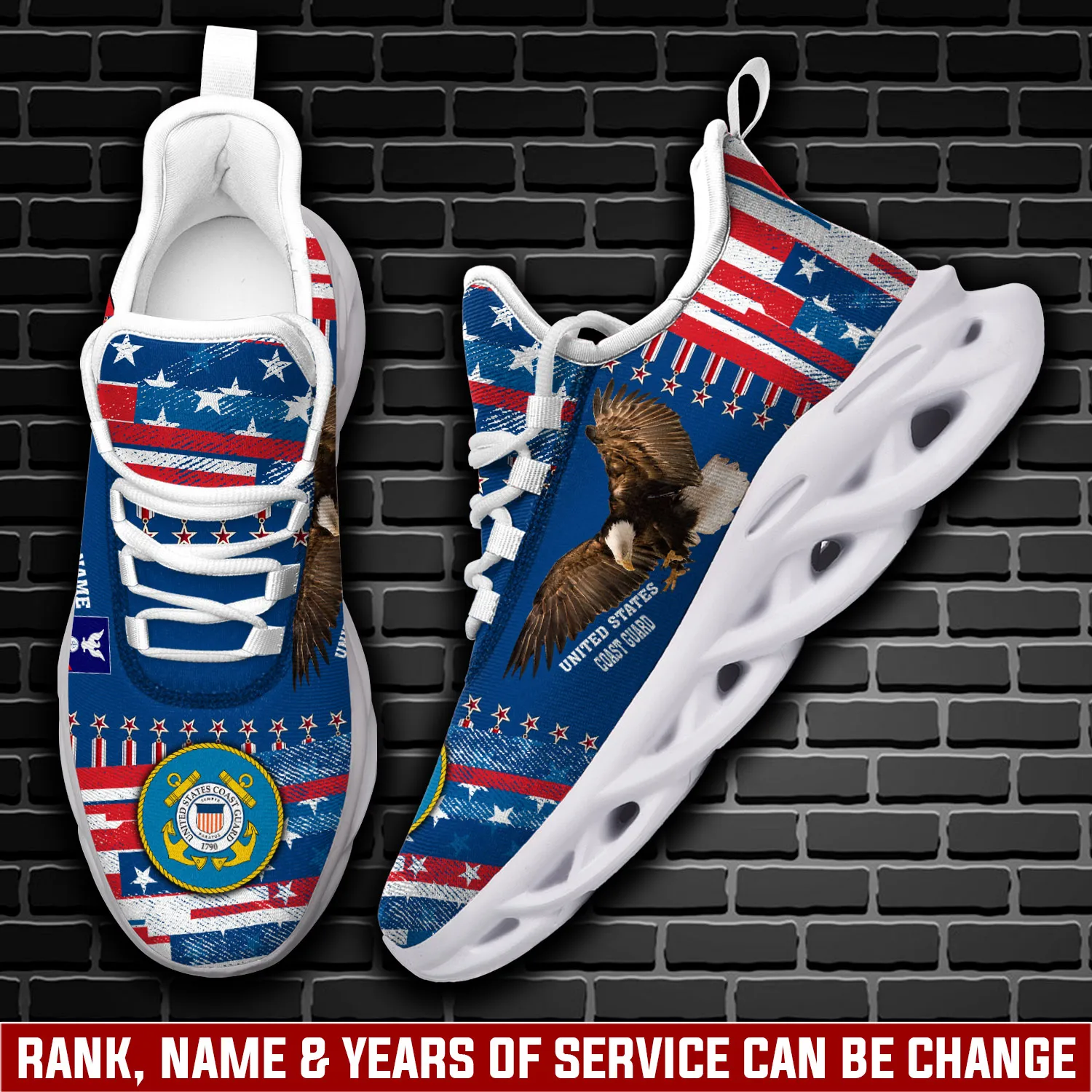 US Coast Guard E-3 Red Rating Personalized Max Soul Shoes, Custom Name and Years of Service, Bald Eagle American Flag Sneakers