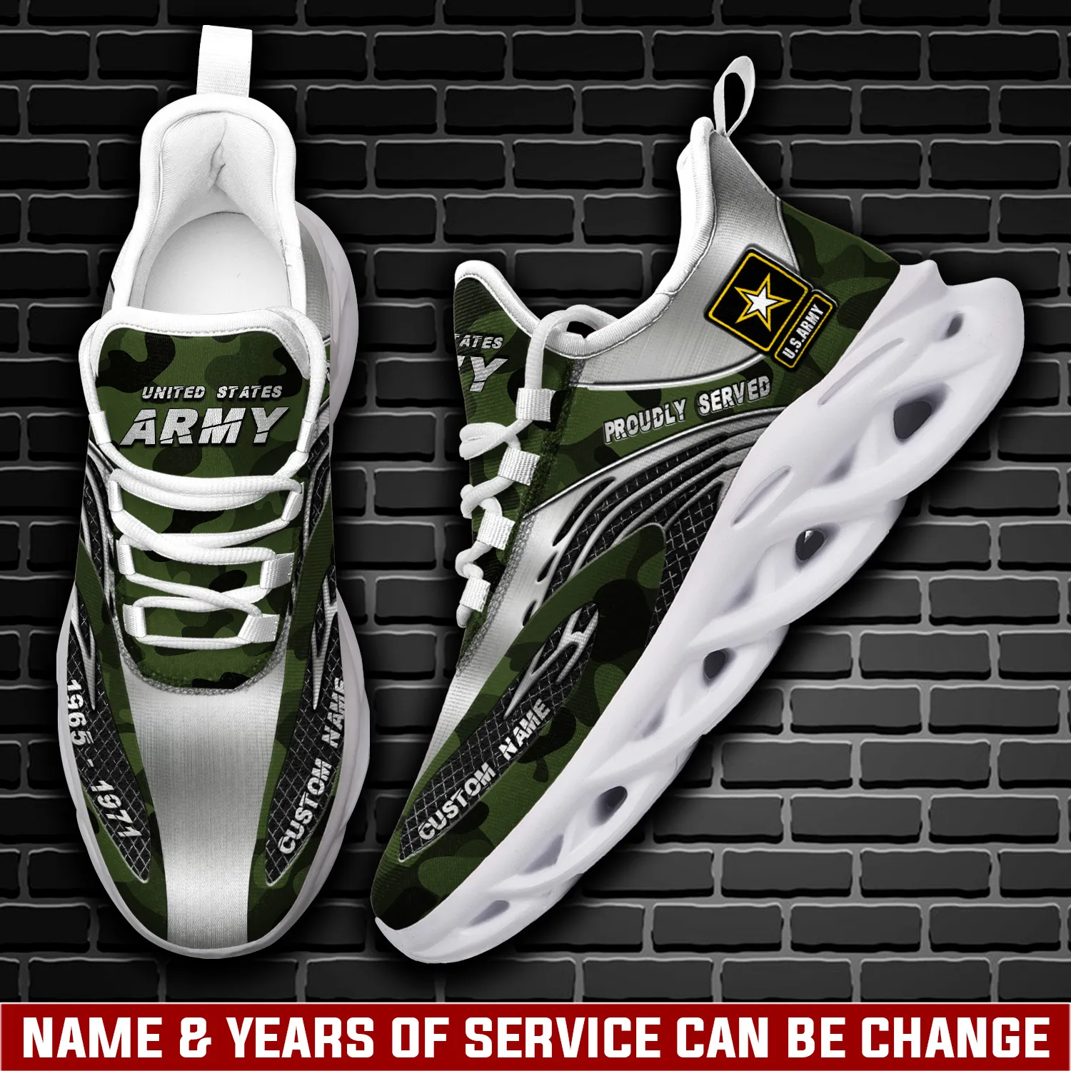 US Army O-4 Army Major Personalized Max Soul Shoes, Custom Name and Years Camo Veteran Sneakers, Proudly Served Military Gift