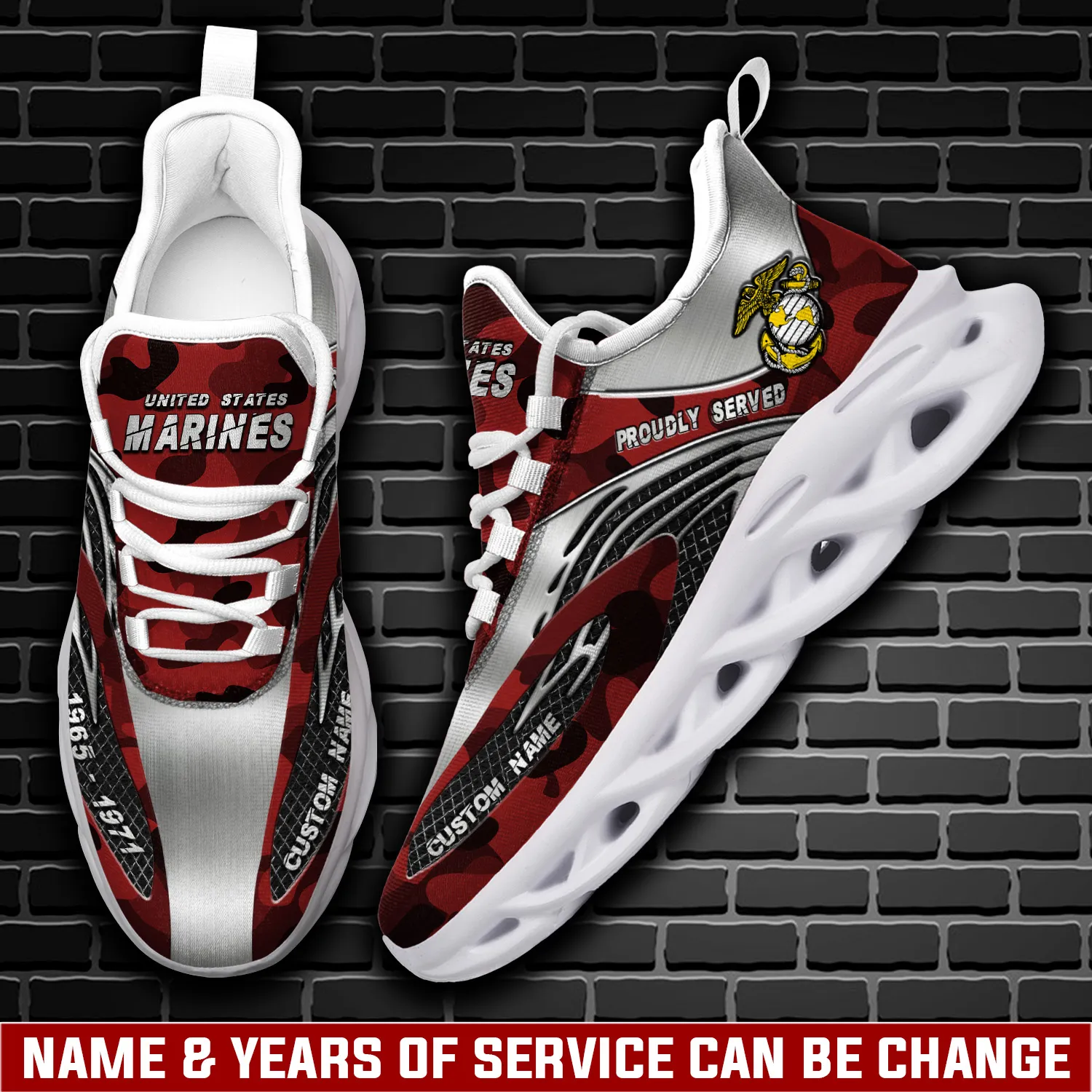 US Marine Corps E-6 Marines Staff Sergeant Max Soul Shoes, Personalized Name and Years of Service Red Camo Sneakers, Veteran Gift