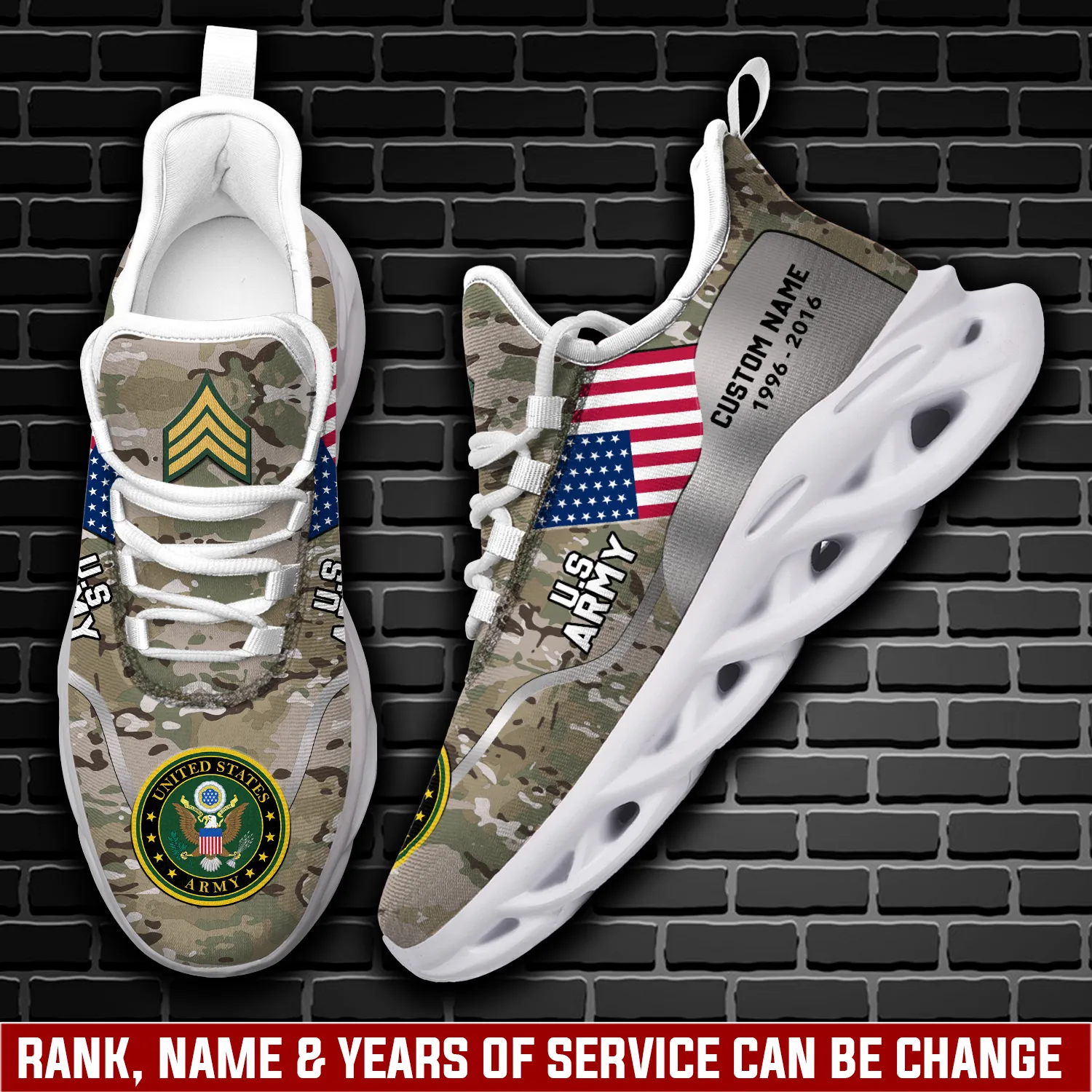 Personalized US Army E-6 Army Staff Sergeant Max Soul Shoes, Custom Name Rank and Years of Service, Camo Army Veteran Sneakers