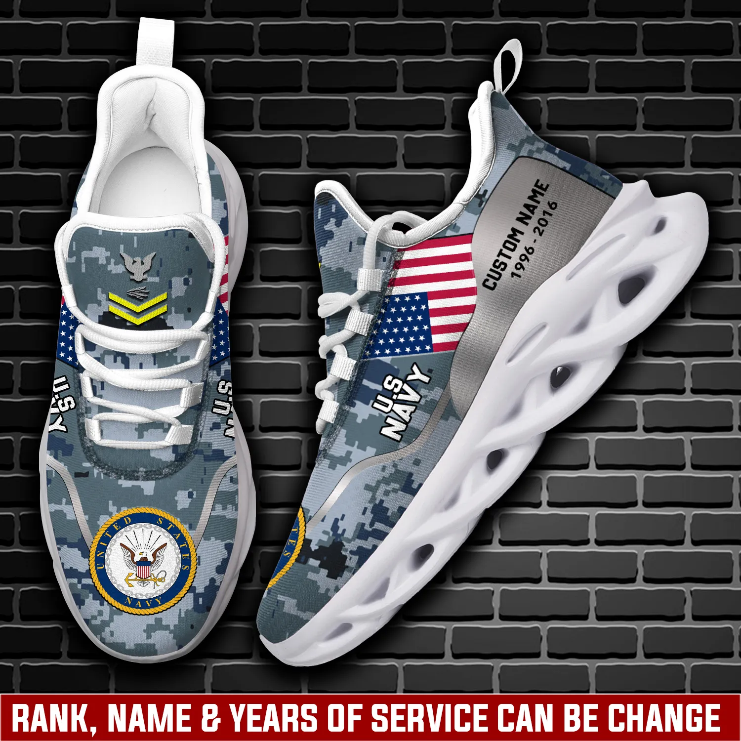 US Navy American By Birth, Veteran By Choice Personalized Max Soul Shoes, Custom Name and Years of Service, Blue Camo Sneakers