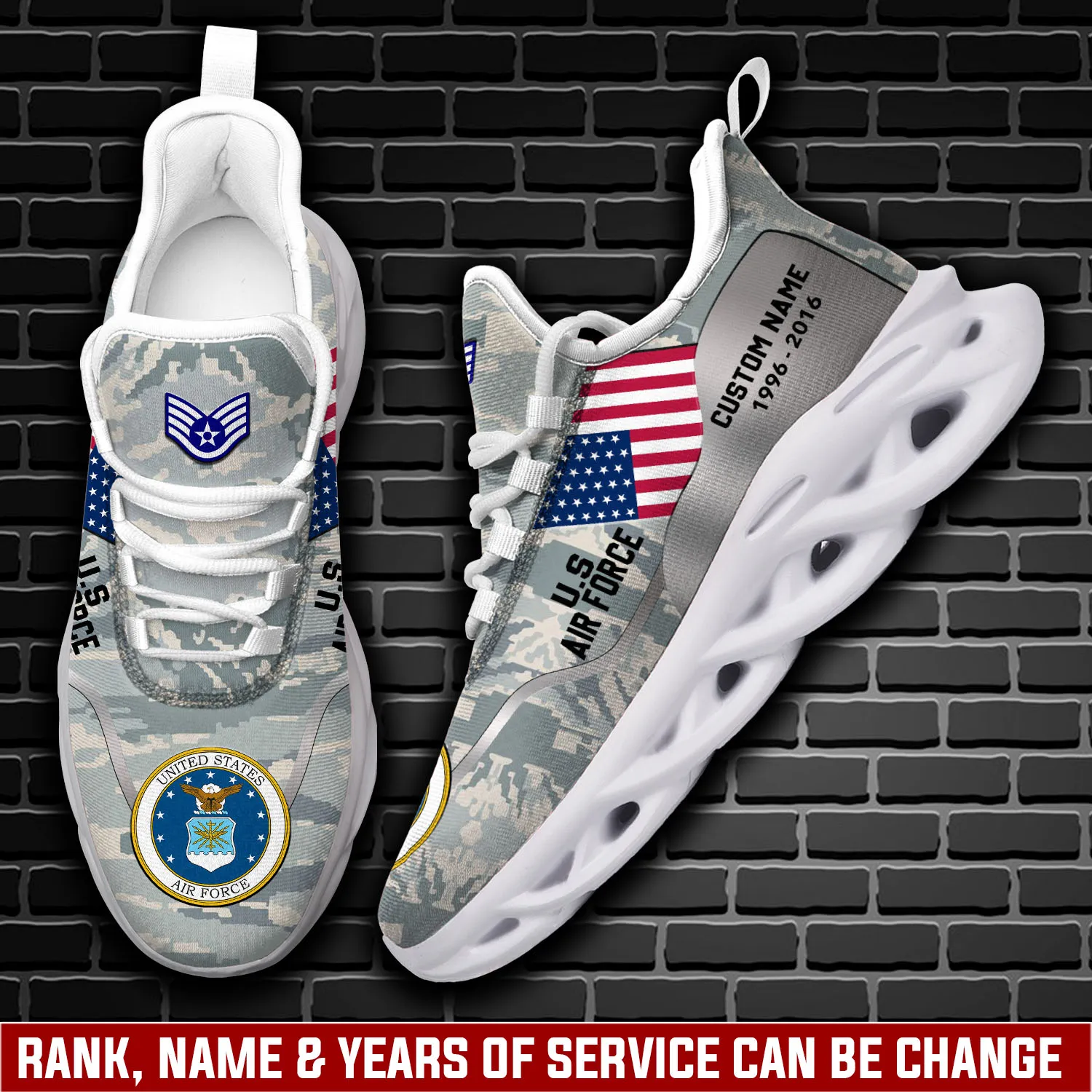 US Air Force E-9 Air Force Chief Master Sergeant Personalized Max Soul Shoes, Custom Name and Years of Service, Camo Veteran Sneakers