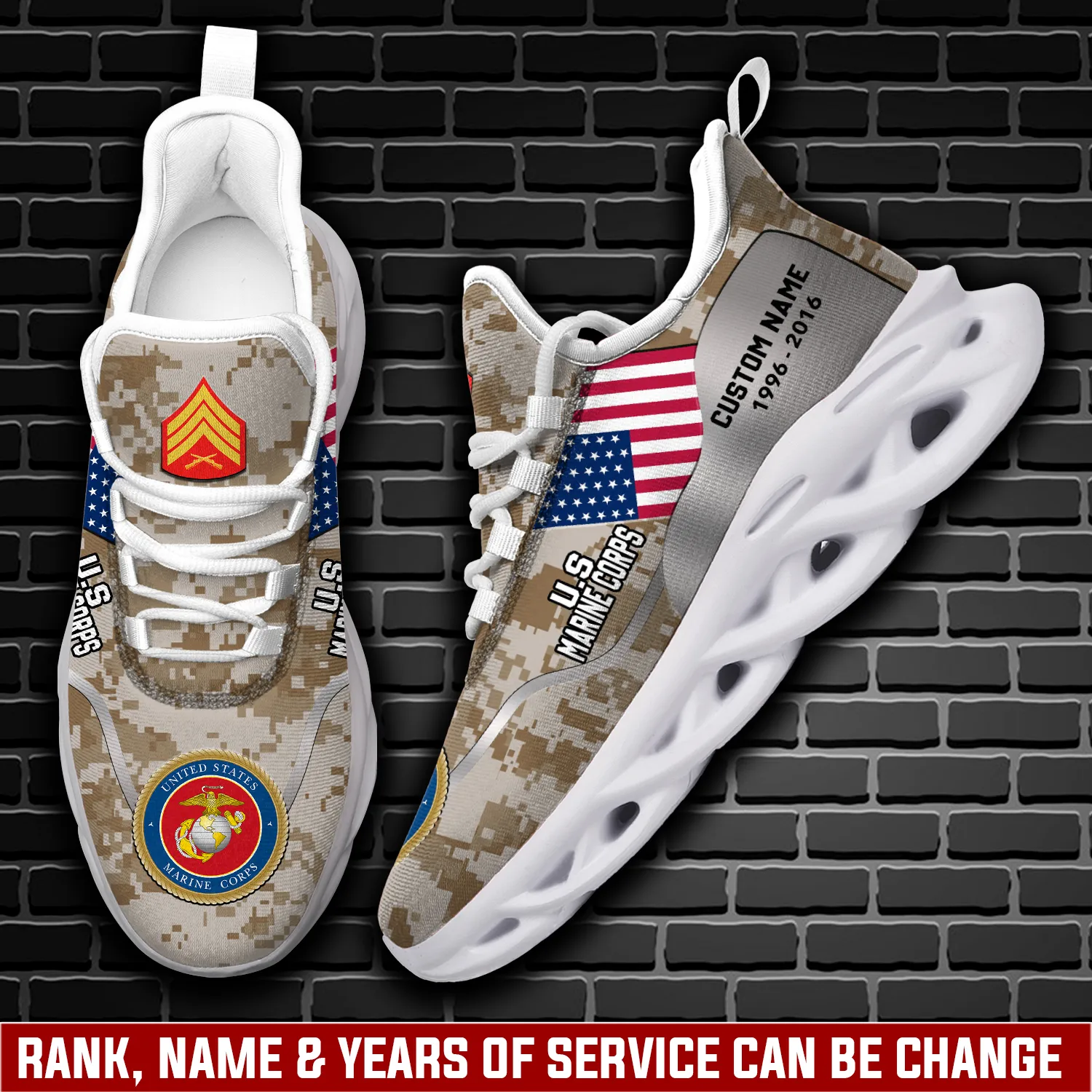 US Marine Corps Once A Marine, Always A Marine Personalized Max Soul Shoes, Custom Name and Years, Desert Camo Veteran Sneakers