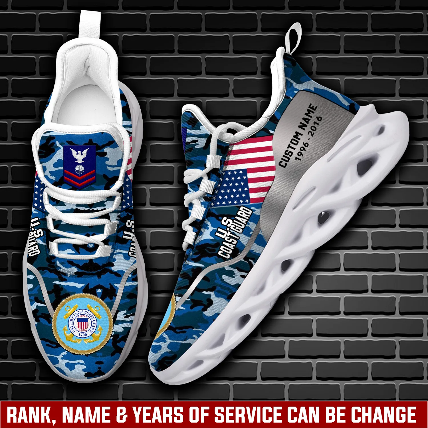 Personalized US Coast Guard E-4 Red Max Soul Shoes, Custom Name Rating Rank and Years of Service, Blue Camo Coast Guard Sneakers