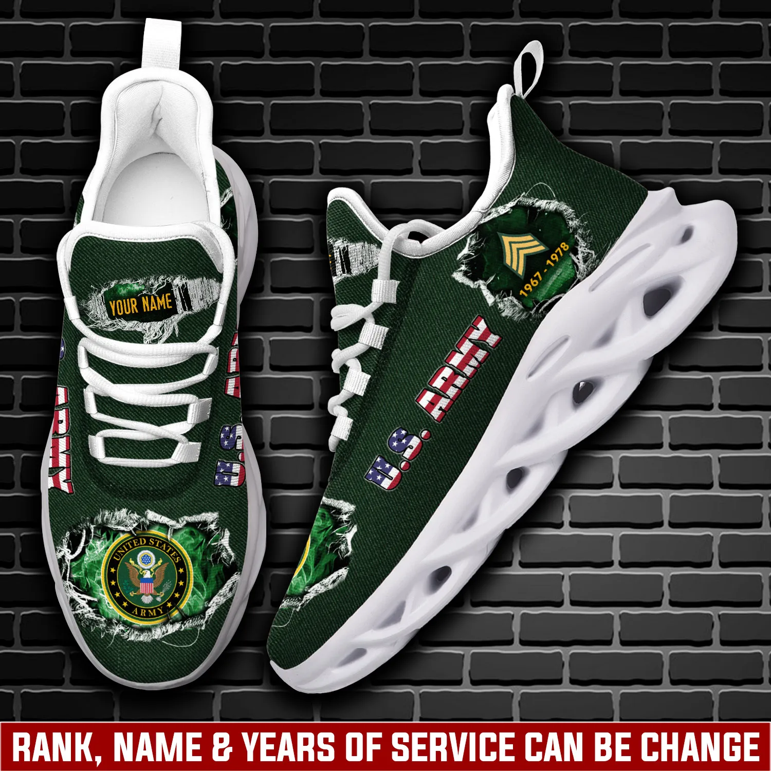 Personalized US Army E-4 Army Specialist Max Soul Shoes, Custom Name Rank and Years of Service, Green Army Veteran Sneakers Gift