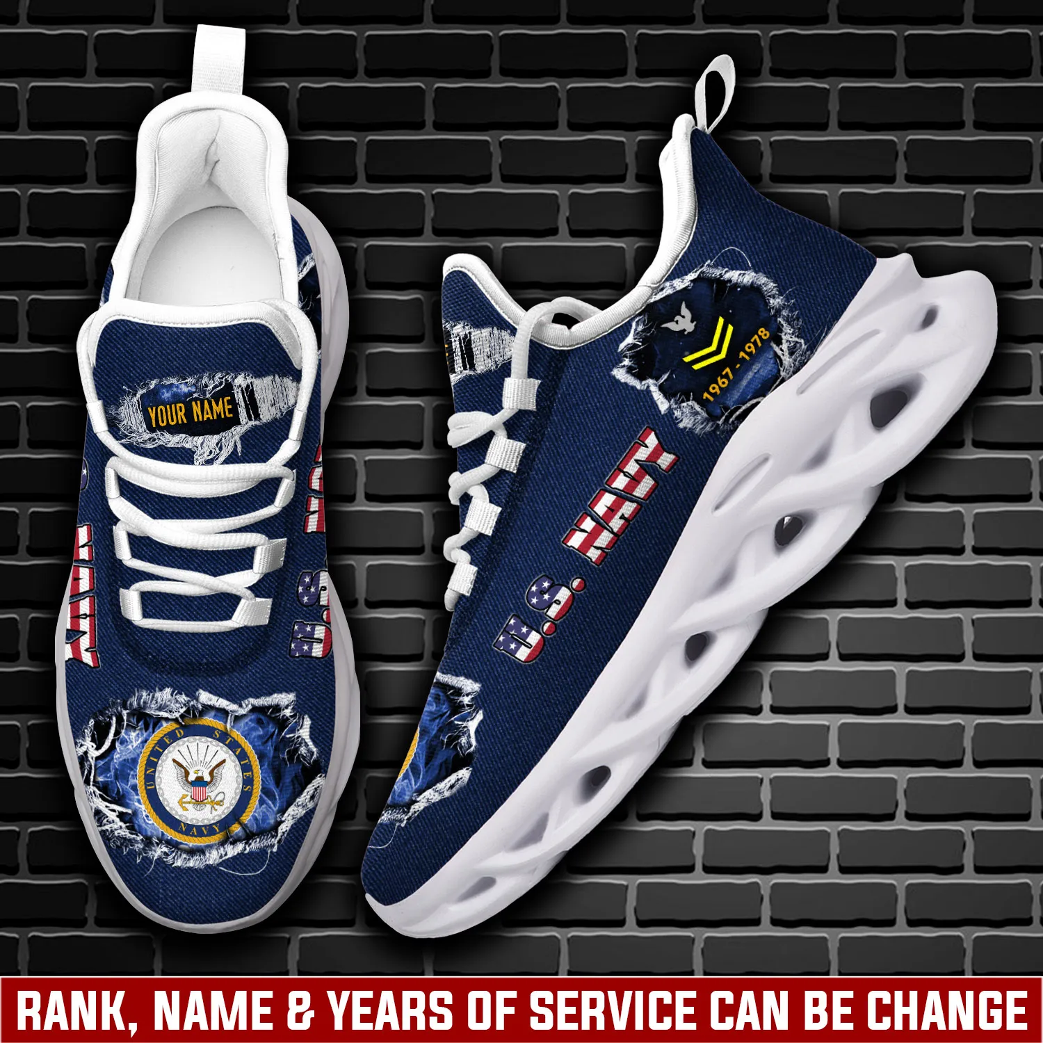 US Navy E-2 Blue Rating Personalized Max Soul Shoes, Custom Name Rank and Years of Service, Denim Look Sailor Veteran Sneakers