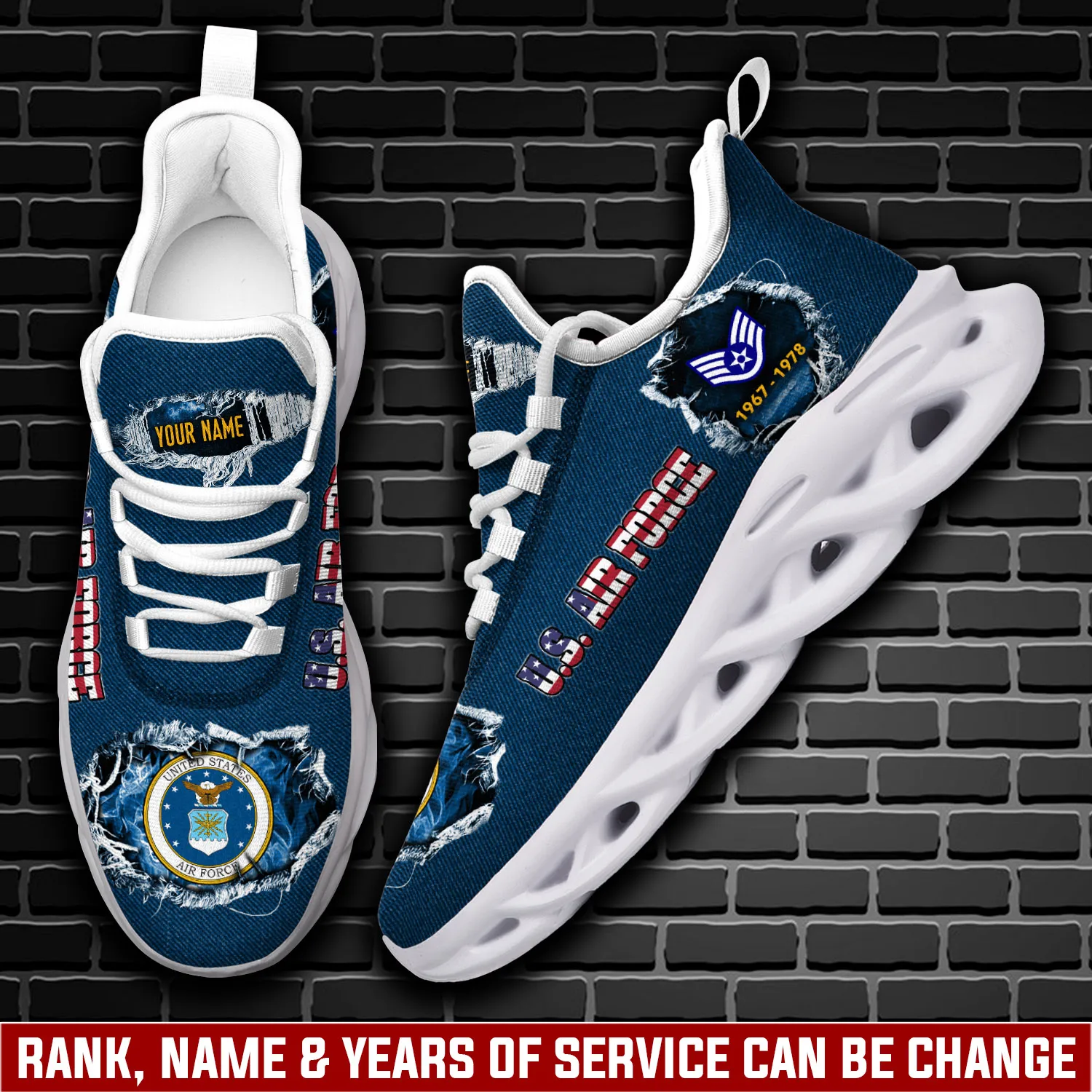 US Air Force E-7 Air Force Master Sergeant Personalized Max Soul Shoes, Custom Name and Years of Service, Denim Look Veteran Sneakers