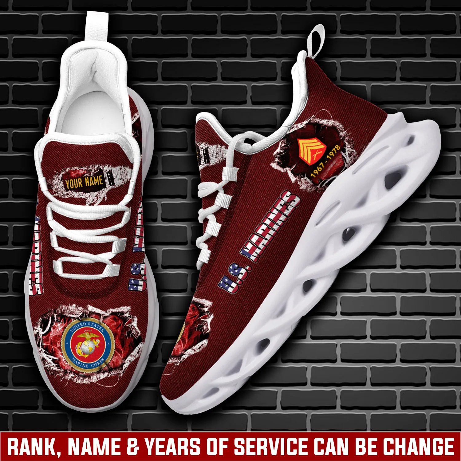 US Marine Corps First to Fight Personalized Max Soul Shoes, Custom Name Rank and Years of Service, Maroon Veteran Sneakers, Gift