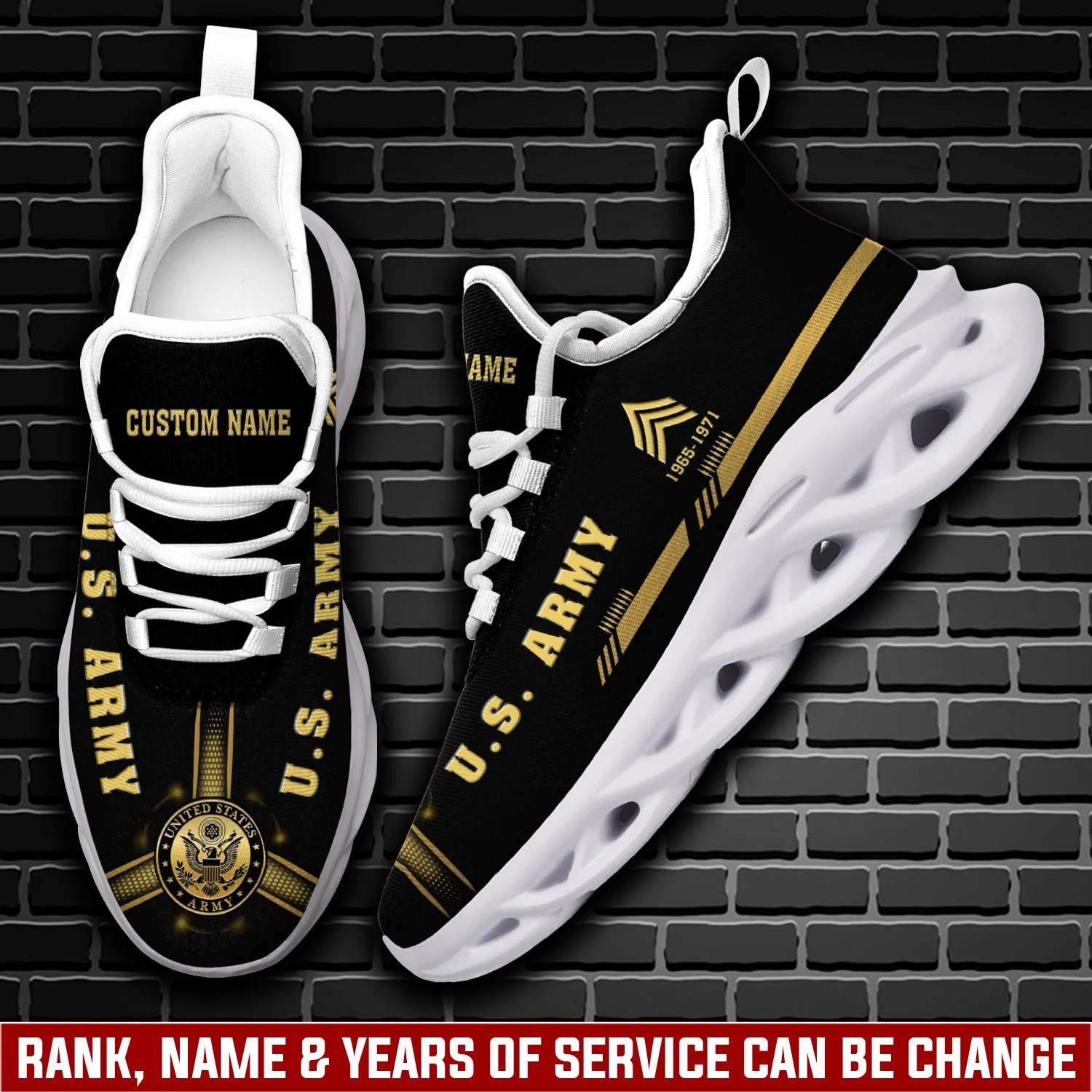 US Army O-5 Army Lieutenant Colonel Max Soul Shoes, Personalized Rank, Name and Years Black and Gold Sneakers, Veteran Gift for Dad