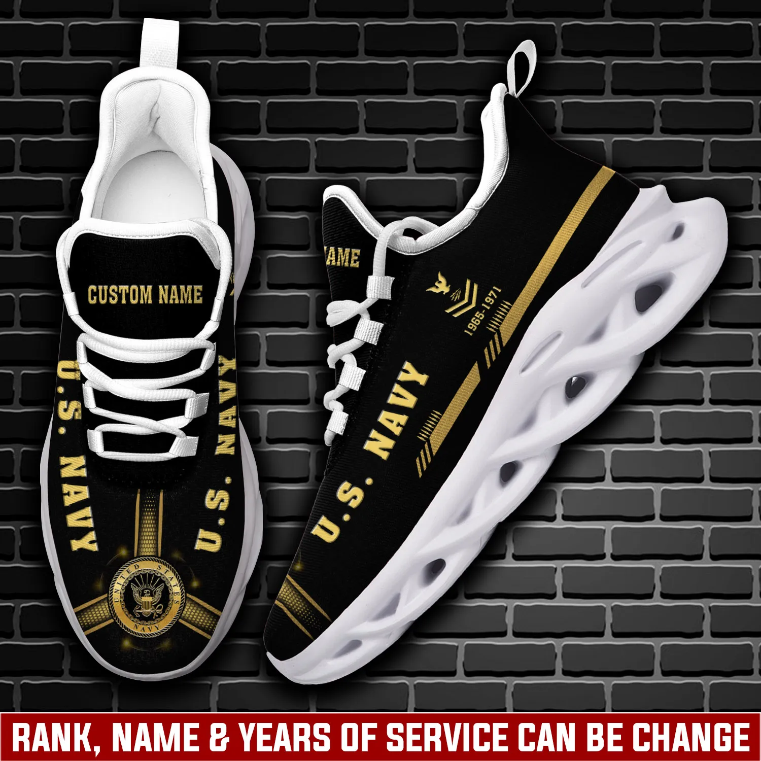 Personalized US Navy E-2 Blue Max Soul Shoes, Custom Name Rating Rank and Years of Service, Black and Gold Navy Veteran Sneakers
