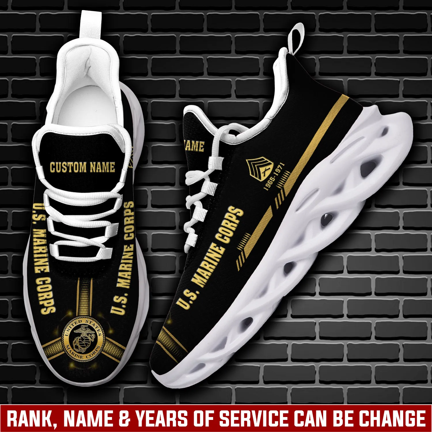 Personalized US Marine Corps Proud Veteran Max Soul Shoes, Custom Name Rank and Years of Service, Black and Gold Marine Sneakers