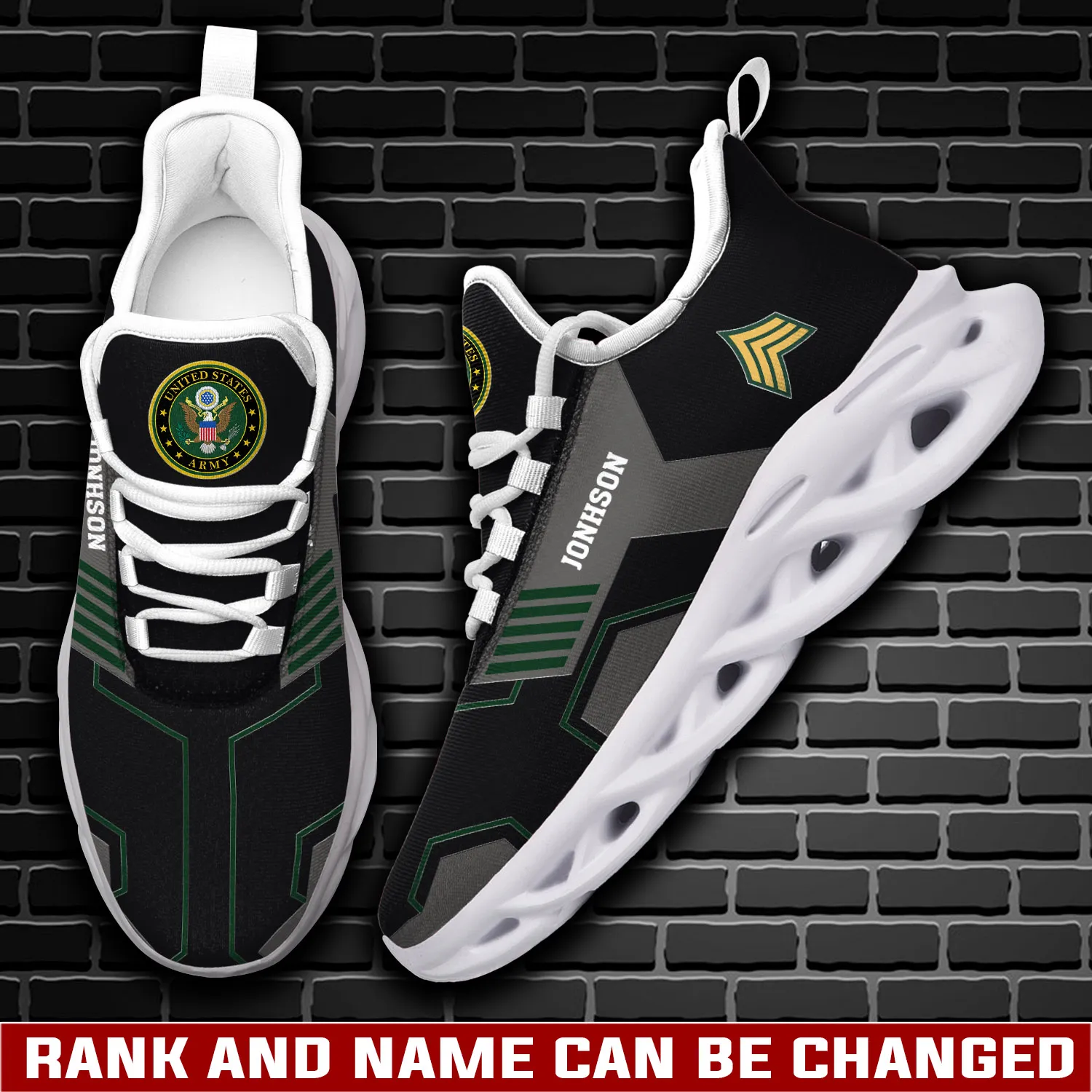 US Army Freedom Isn't Free Personalized Max Soul Shoes, Custom Name and Rank, Black Veteran Sneakers, Military Gift for Dad and Grandpa