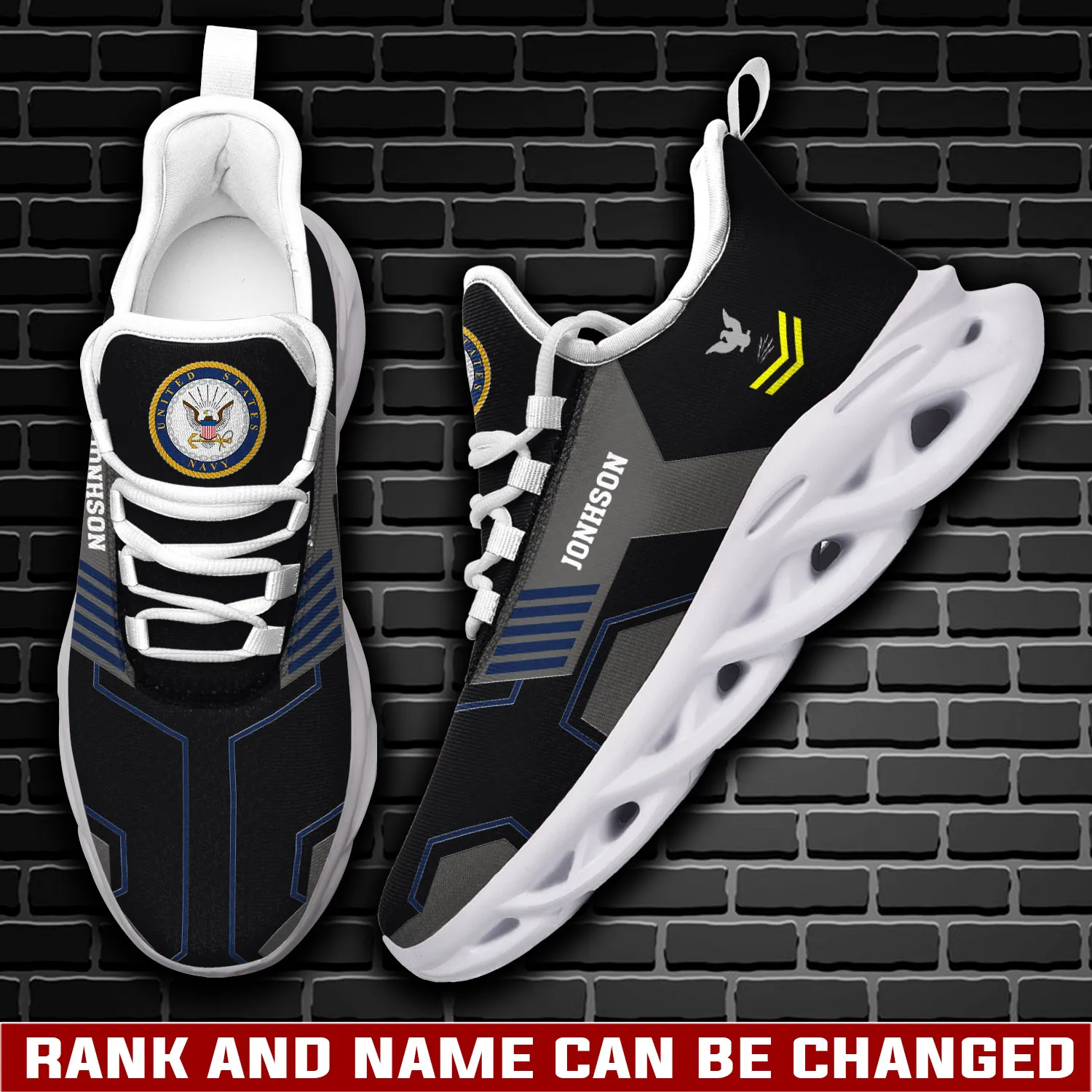 US Navy E-3 Blue Rating Personalized Max Soul Shoes, Custom Name and Rank, Black and Grey Sailor Veteran Sneakers, Military Gift