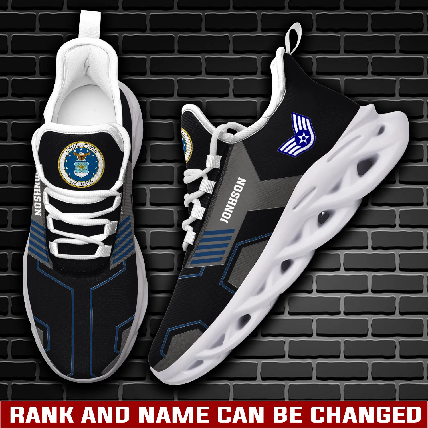 US Air Force Once An Airman Always An Airman Personalized Max Soul Shoes, Custom Name and Rank, Black Veteran Sneakers, Gift for Dad