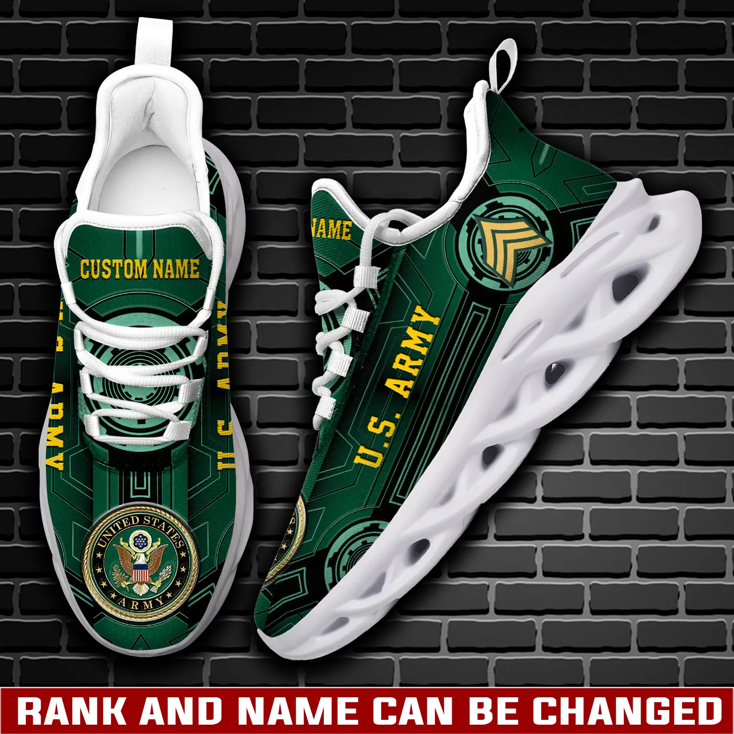 US Army Be All You Can Be Personalized Max Soul Shoes, Custom Name and Rank, Green Veteran Sneakers, Military Gift for Dad and Grandpa