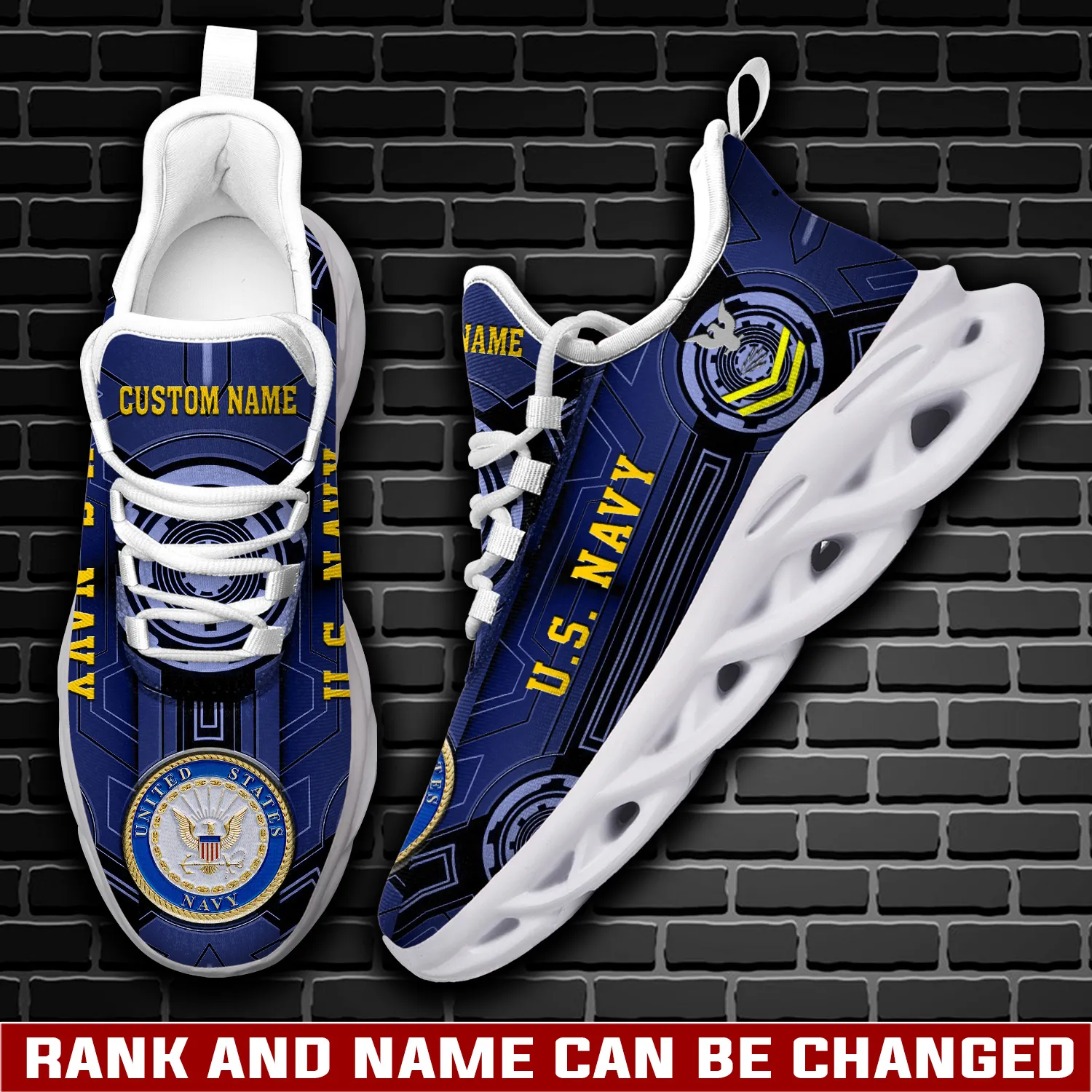 US Navy Defender of Freedom Personalized Max Soul Shoes, Custom Name Rating and Rank, Sailor Veteran Sneakers, Military Gift for Dad