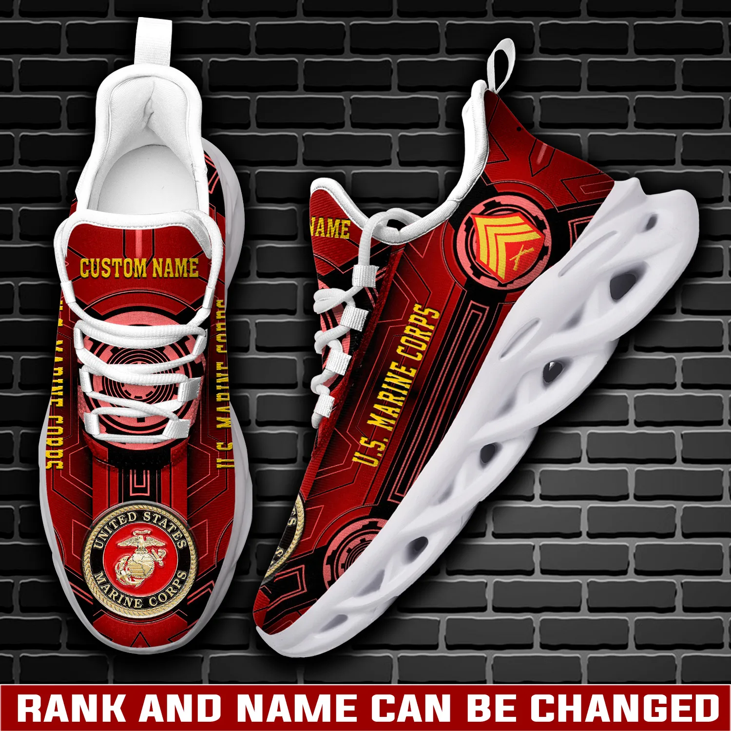 US Marine Corps Lest We Forget Max Soul Shoes, Personalized Rank and Custom Name, Red and Gold Veteran Sneakers, USMC Gift for Dad