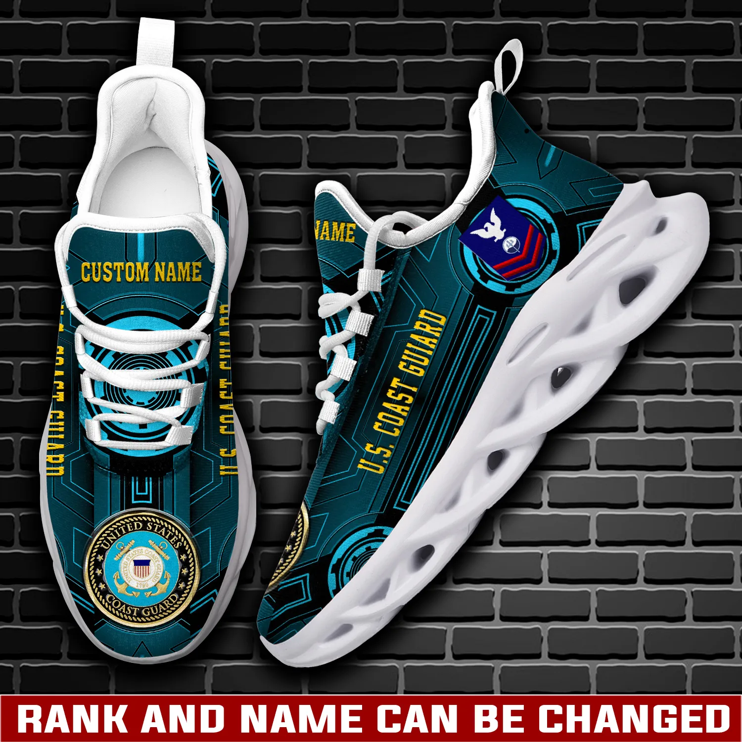 US Coast Guard E-4 Red Rating Personalized Max Soul Shoes, Custom Name Teal Circuit Veteran Sneakers, Military Gift for Dad