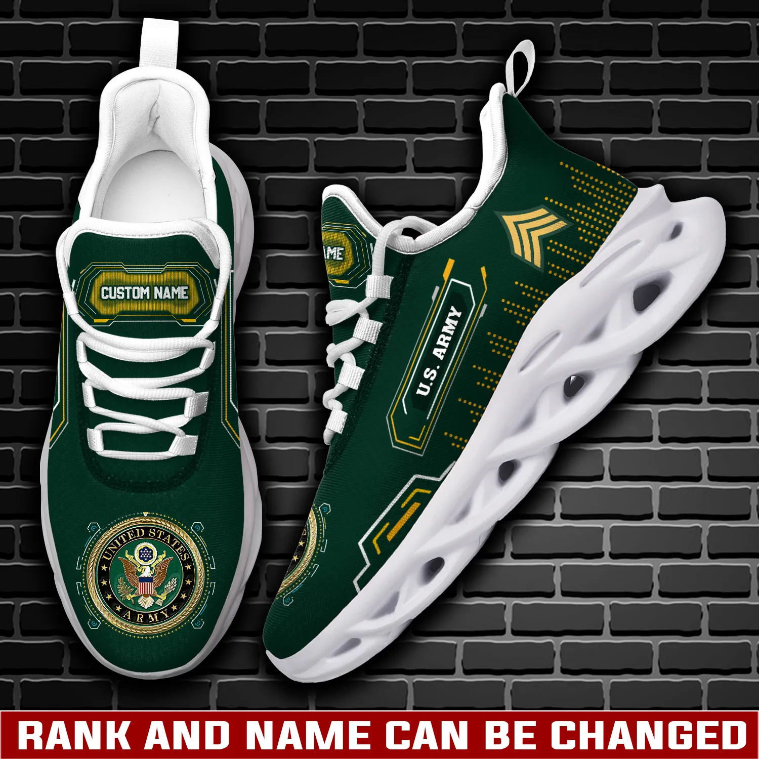 Personalized US Army E-7 Army Sergeant First Class Max Soul Shoes, Custom Name and Rank Green Sneakers, Military Gift for Dad