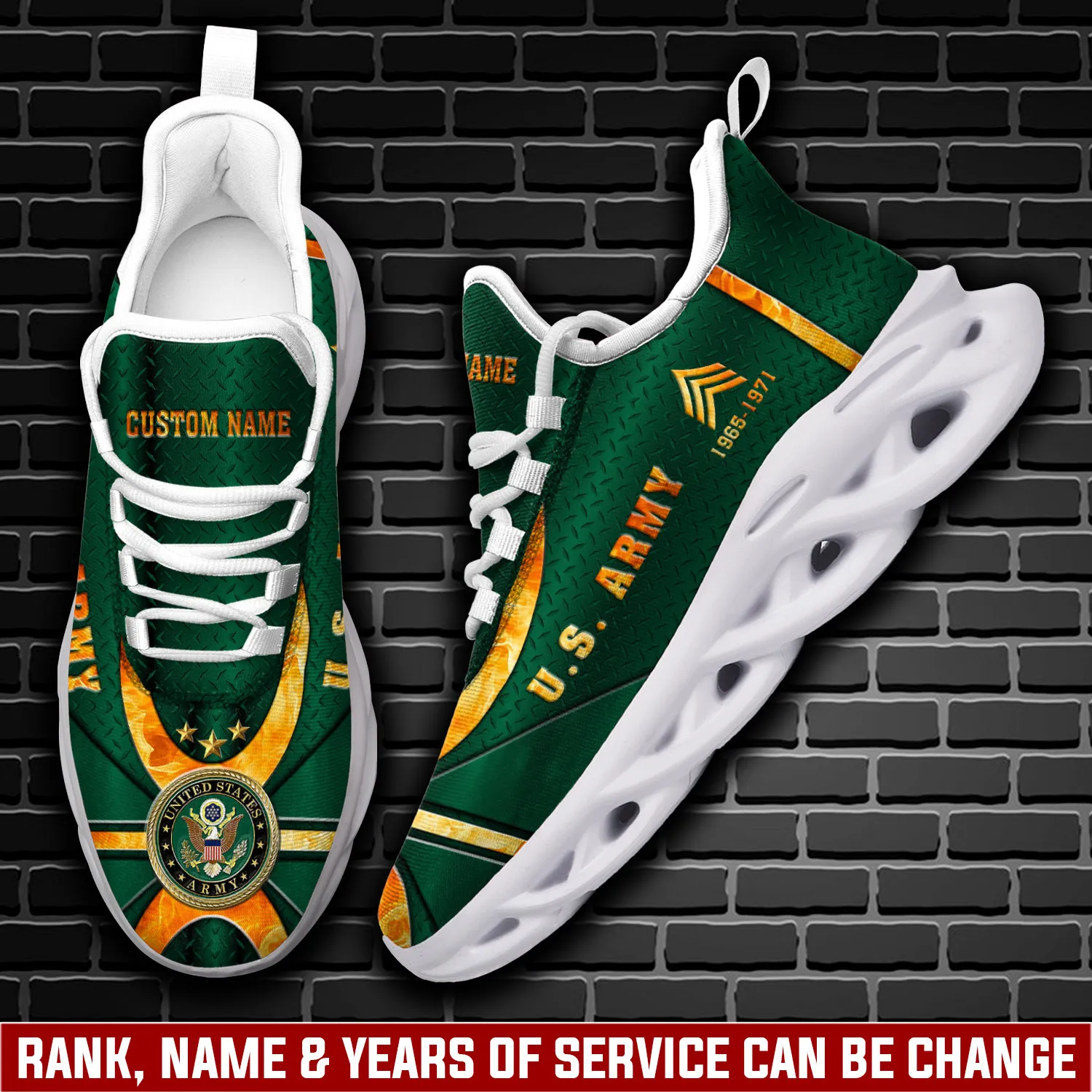 US Army Lest We Forget Personalized Max Soul Shoes, Custom Name and Rank Green Veteran Sneakers, Army Memorial Gift for Dad and Grandpa