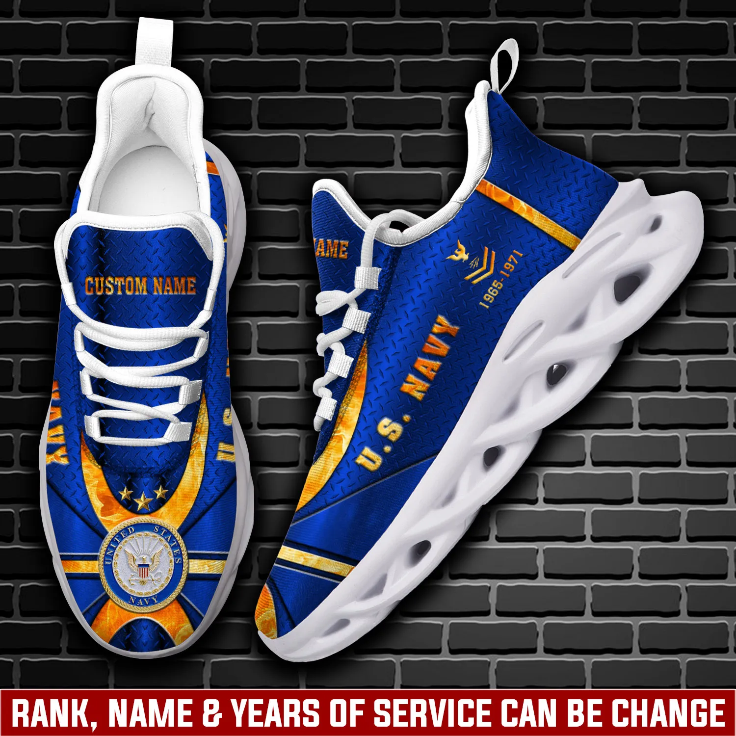 Personalized US Navy Land Of The Free Because Of The Brave Max Soul Shoes, Custom Name Rating and Rank Sailor Sneakers, Navy Gift