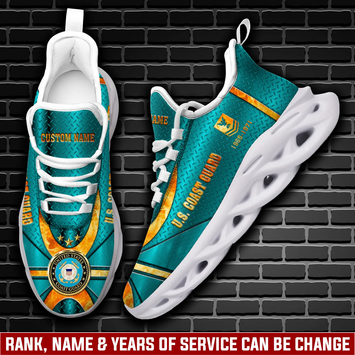 US Coast Guard Semper Paratus Personalized Max Soul Shoes, Custom Name Rating and Rank, Teal Veteran Sneakers, Coast Guardsman Gift