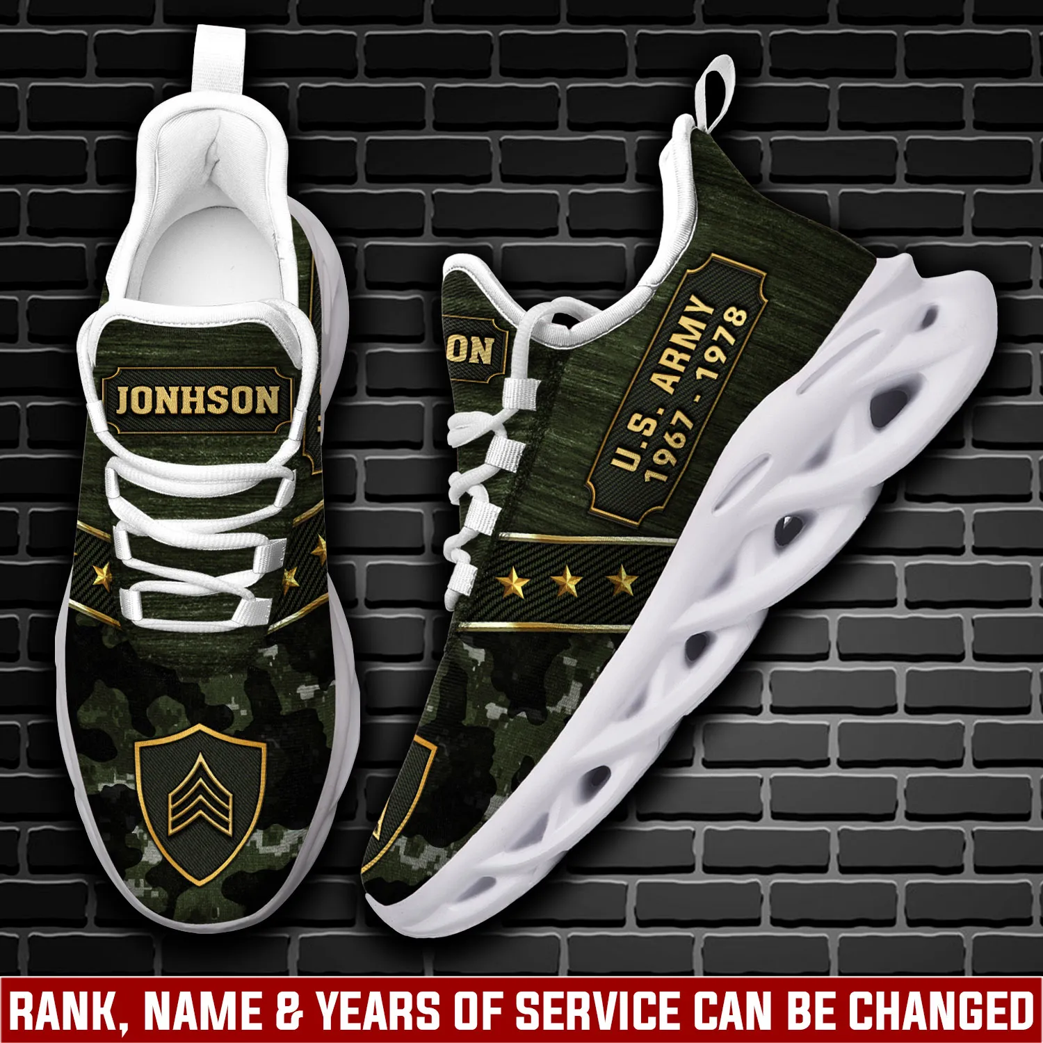 US Army E-3 Army Private First Class Personalized Max Soul Shoes, Custom Name Camo Veteran Sneakers, Military Gift for Dad