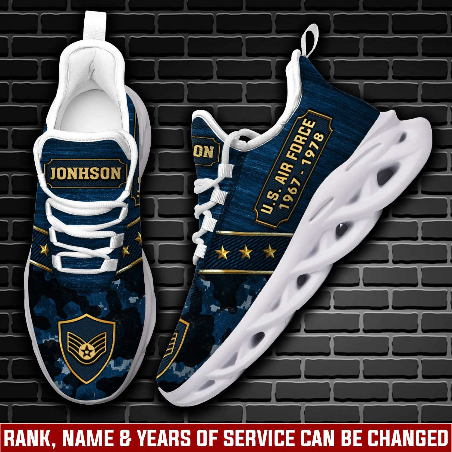 US Air Force E-6 Technical Sergeant Max Soul Shoes, Personalized Name and Rank, Camo USAF Veteran Sneakers, Airman Gift for Dad