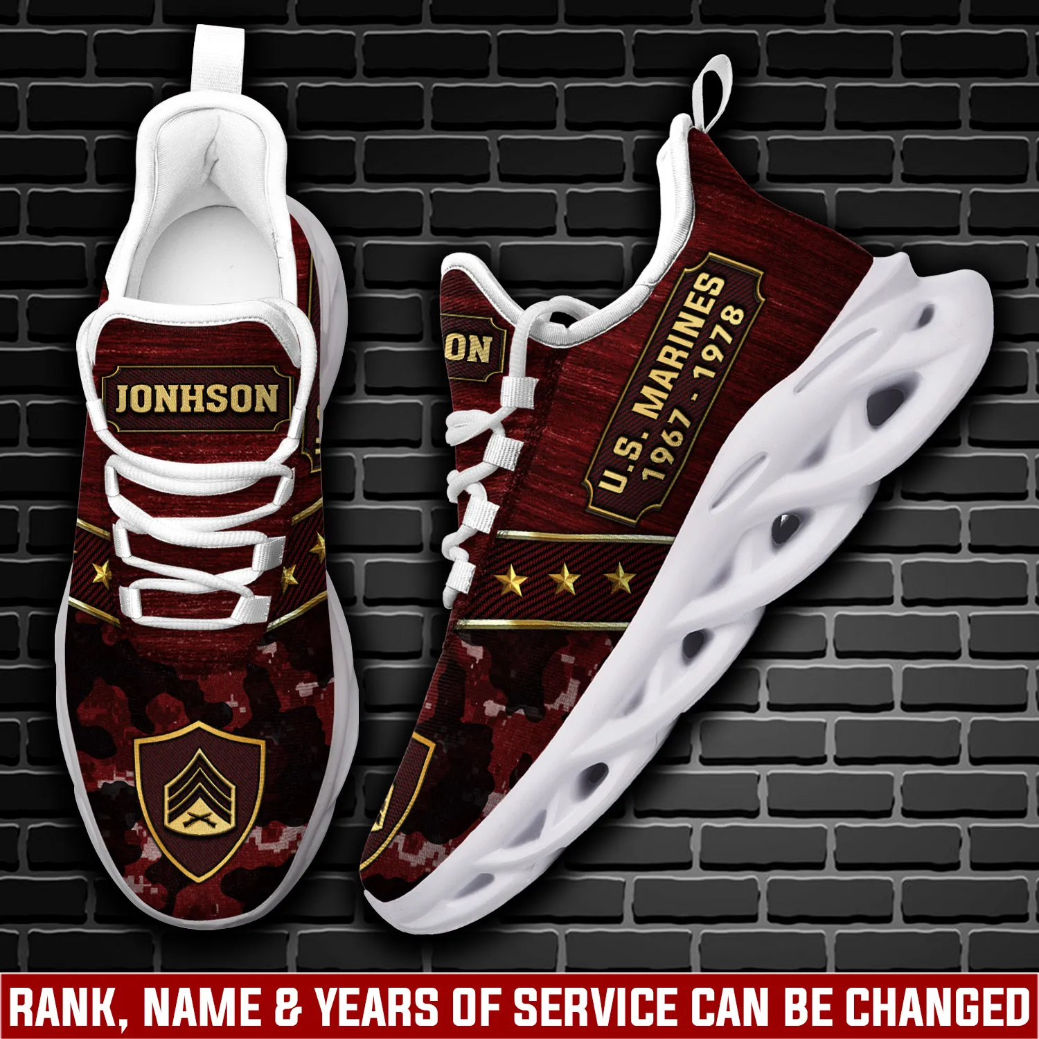 US Marine Corps American By Birth, Veteran By Choice Max Soul Shoes, Personalized Name and Rank, Camo USMC Sneakers, Military Gift