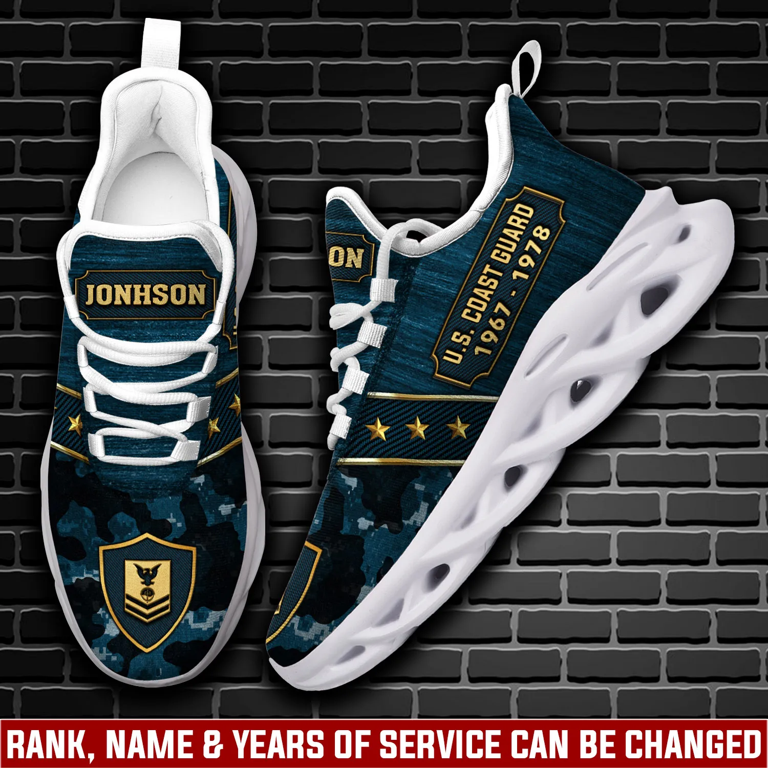 US Coast Guard Duty, Honor, Country Max Soul Shoes, Personalized Name, Rank and Rating, Camo Coastie Veteran Sneakers, Military Gift