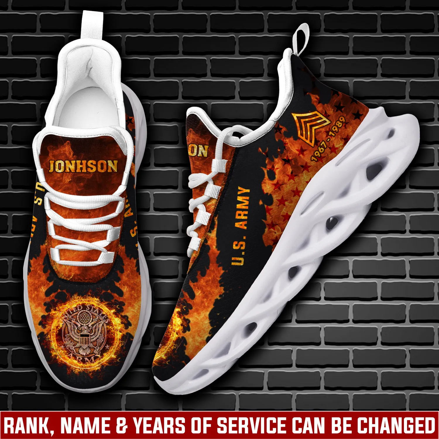 US Army Honoring All Who Served Max Soul Shoes, Personalized Name and Rank, Fire Flame Veteran Sneakers, Soldier Gift for Dad