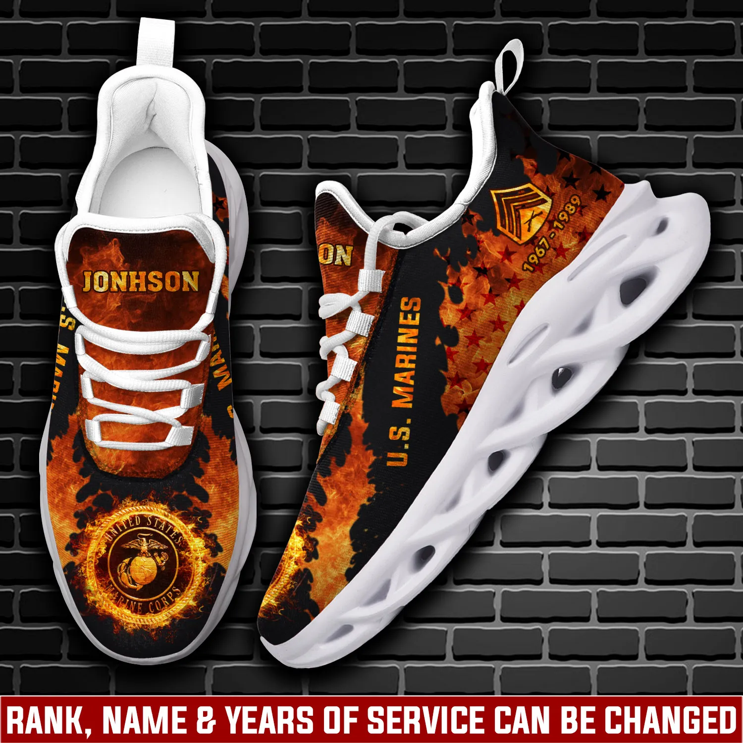 US Marine Corps E-8 First Sergeant Max Soul Shoes, Personalized Name and Rank, Fire Flame Veteran Sneakers, USMC Gift for Dad, Lace-Up